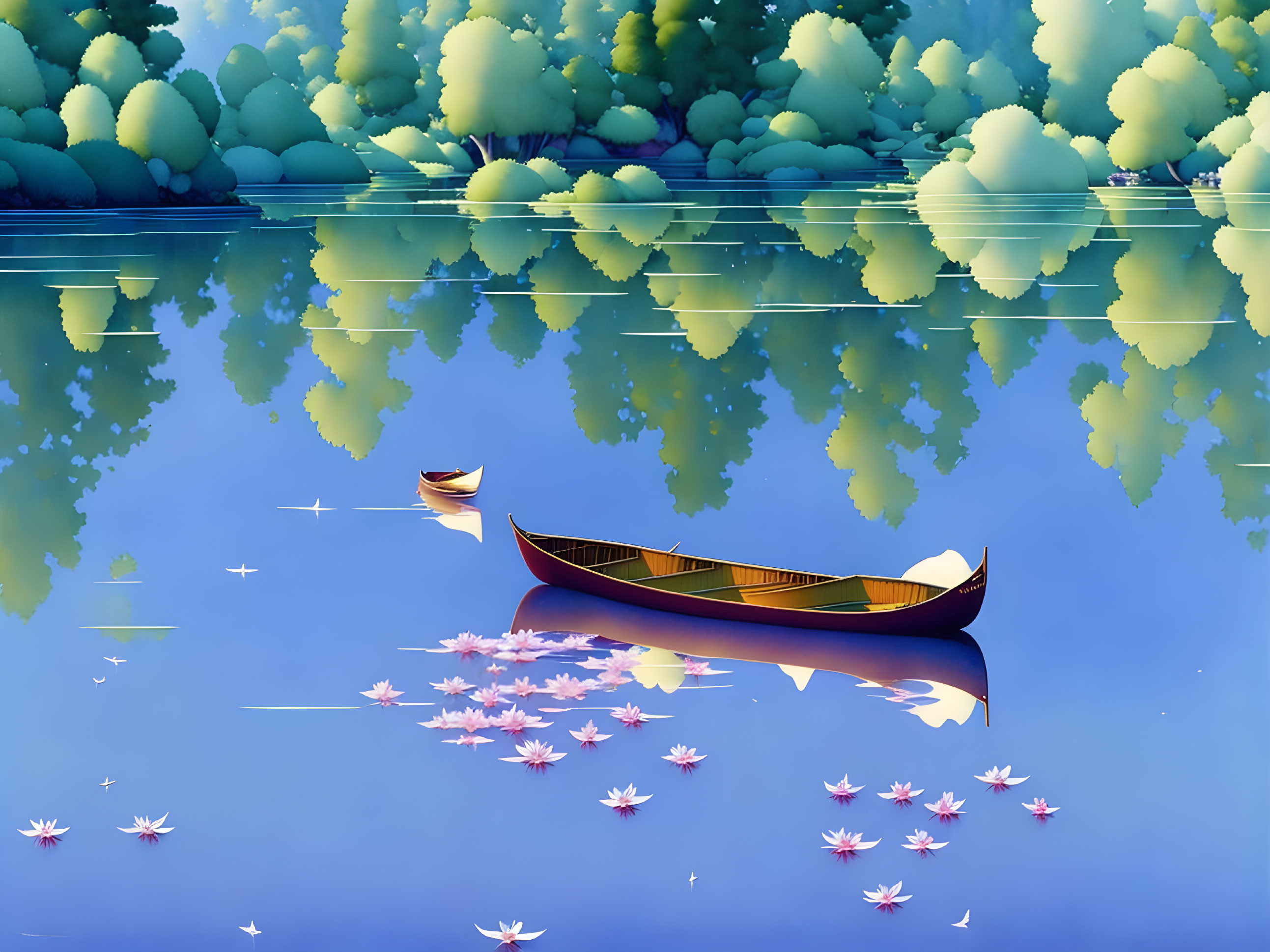 Tranquil digital artwork of blue lake with canoe and water lilies