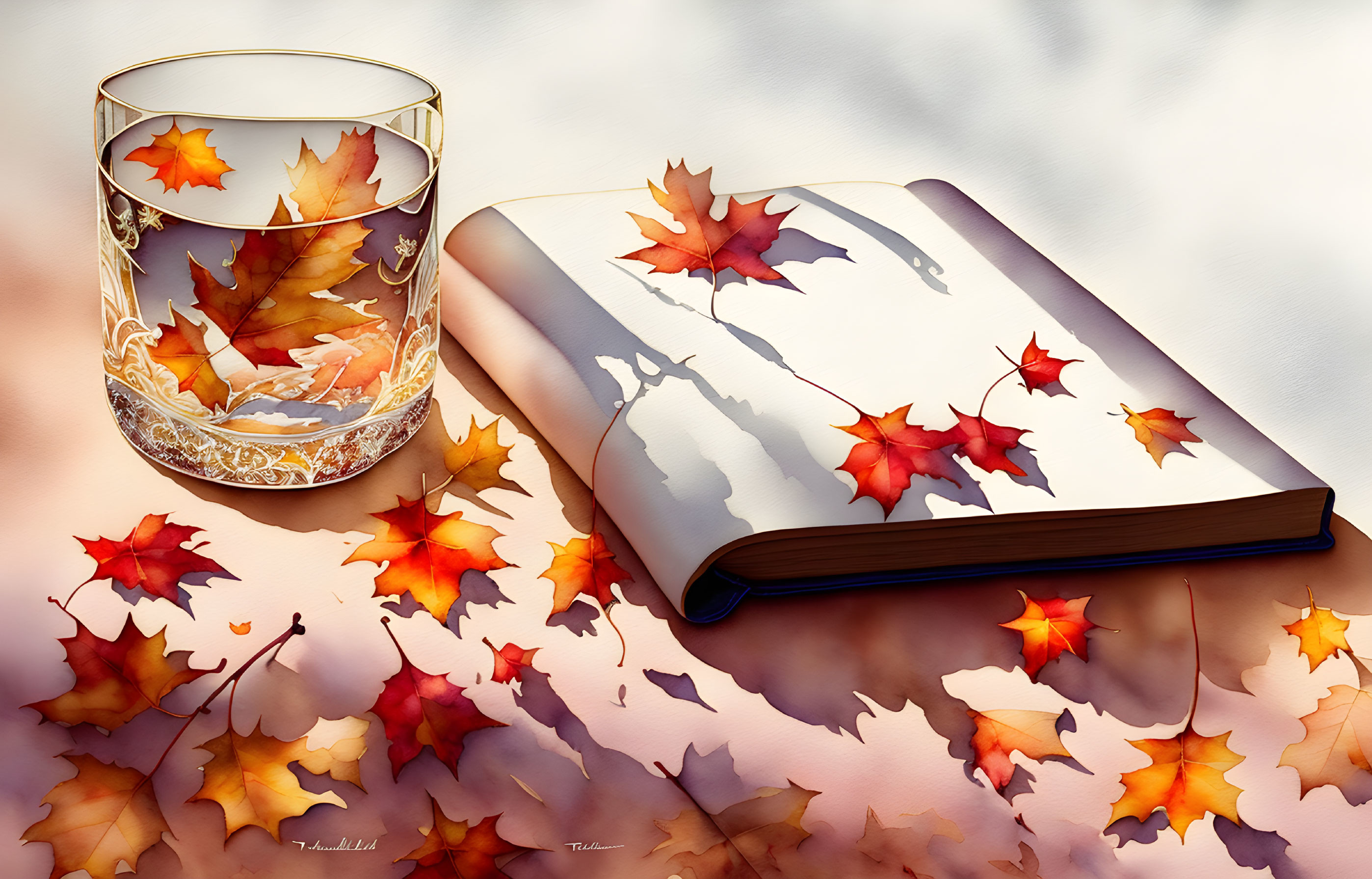 Illustration of glass tumbler, journal, and autumn leaves on leaf-covered surface