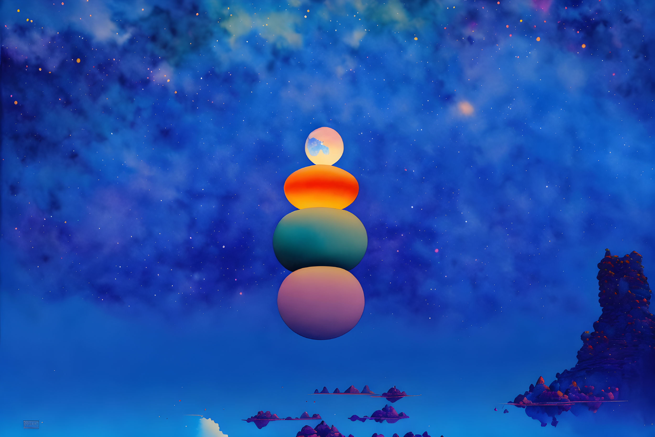 Colorful Stacked Spheres in Surreal Night Sky Landscape