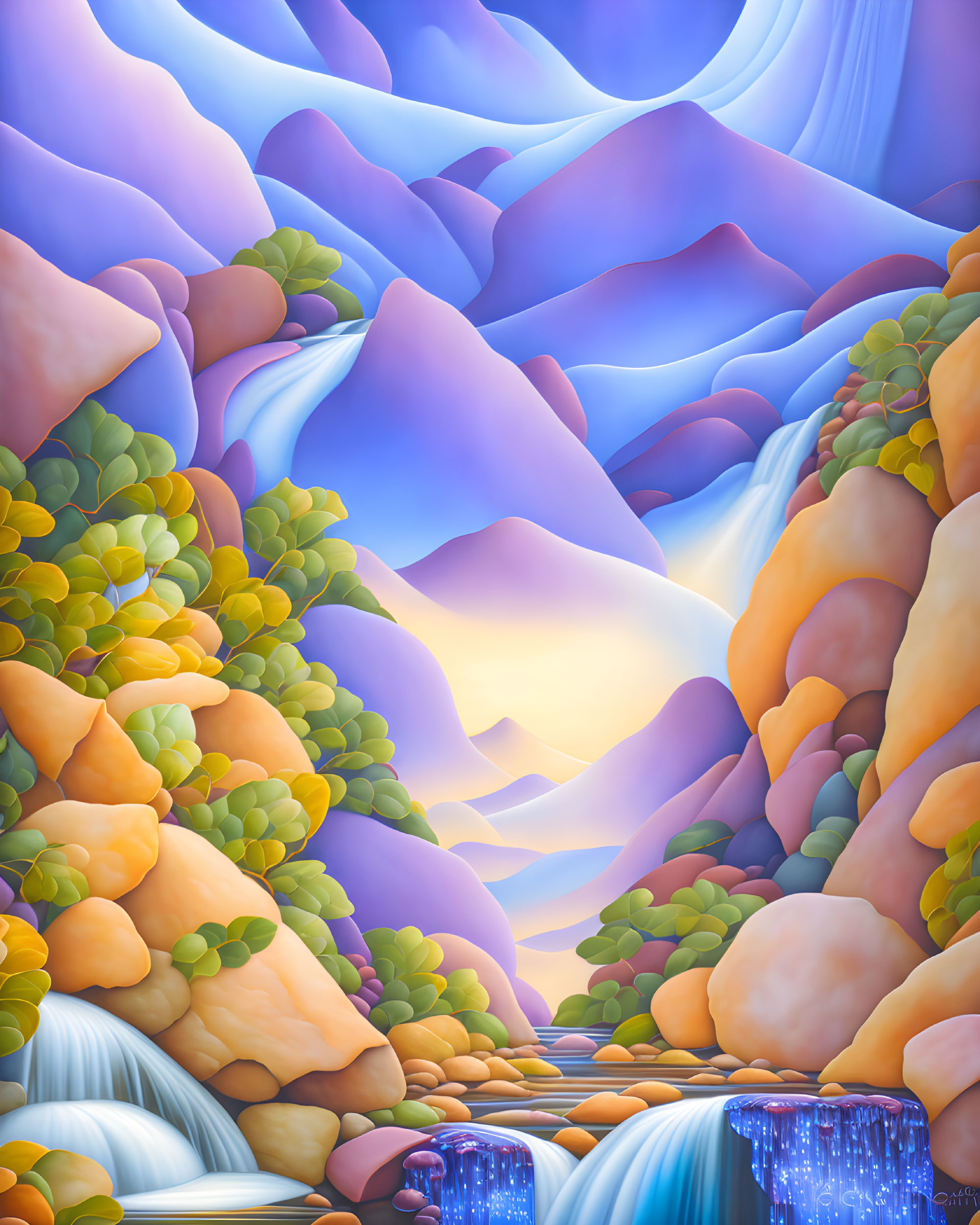 Colorful digital art: fantastical landscape with vibrant mountains, waterfalls, and magical sky