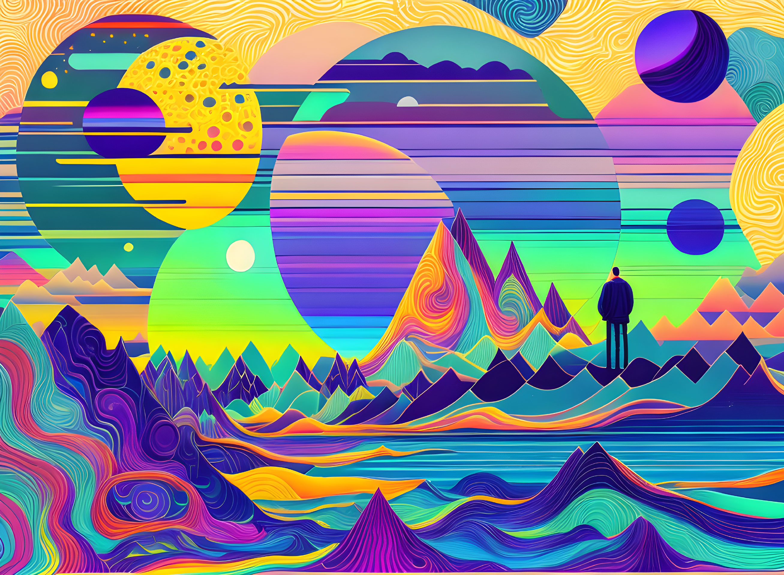 Colorful digital art: person silhouette in psychedelic landscape with celestial sky