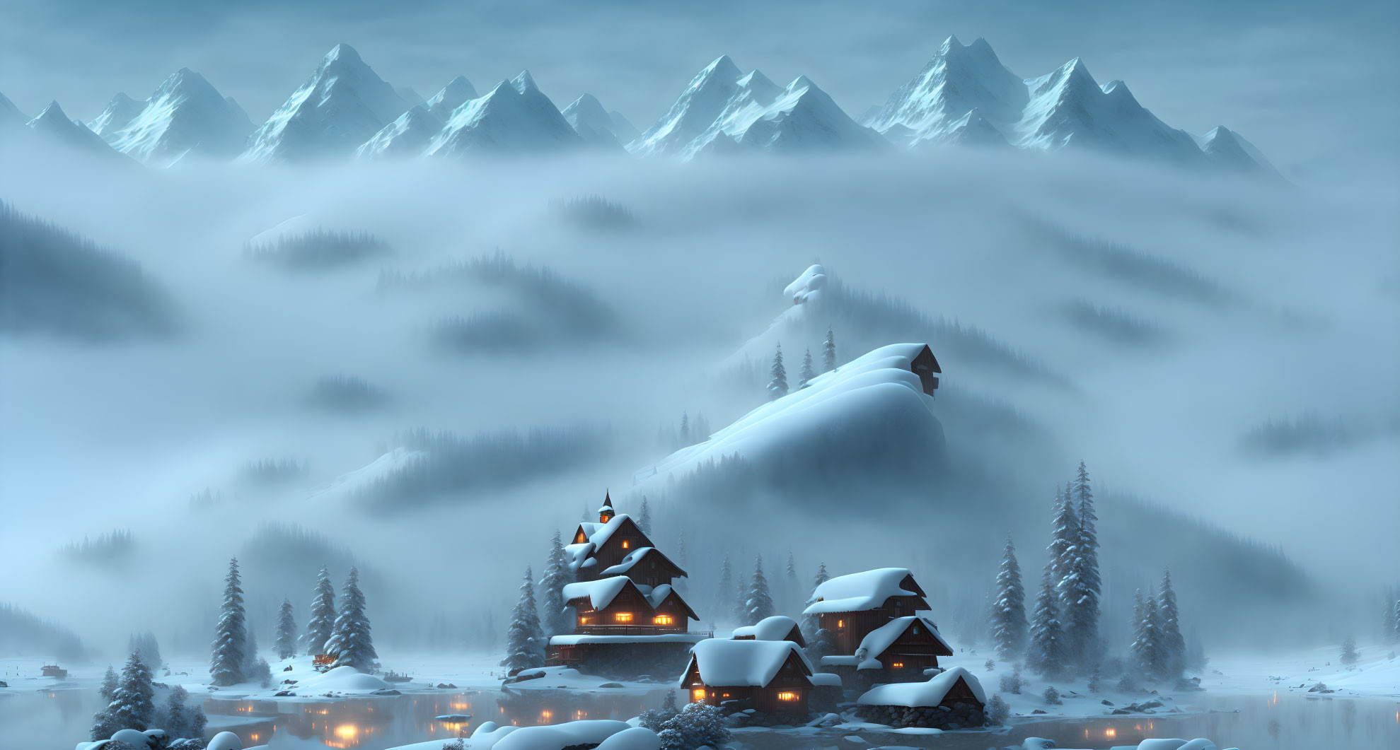 Snow-covered cabins, misty forests, calm lake, mountains in twilight