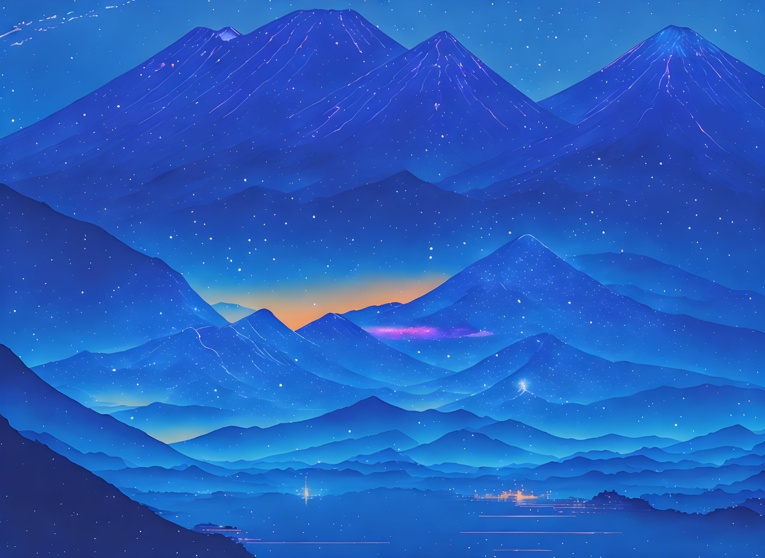 Layered Blue Mountains Under Starry Sky with Sunset and Illuminated Town