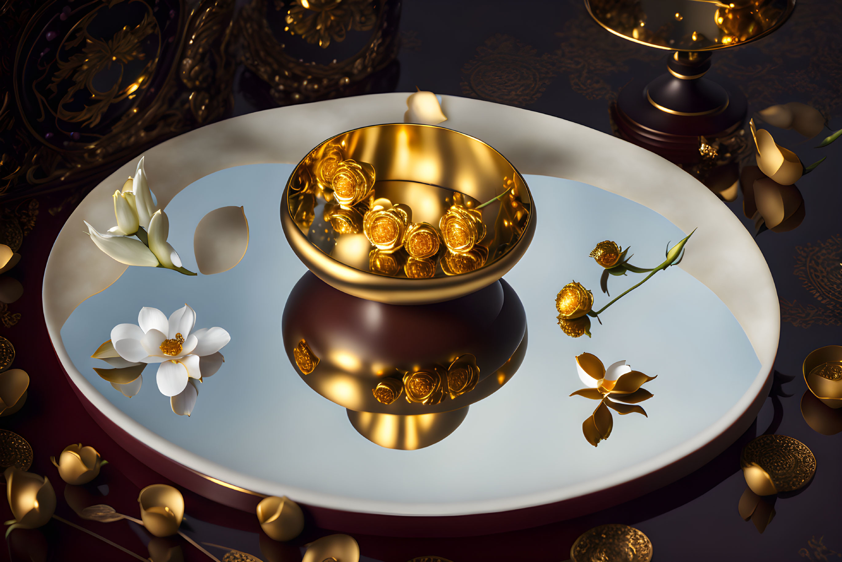 Elegant gold chocolate coins with gold roses and white flowers on luxurious table