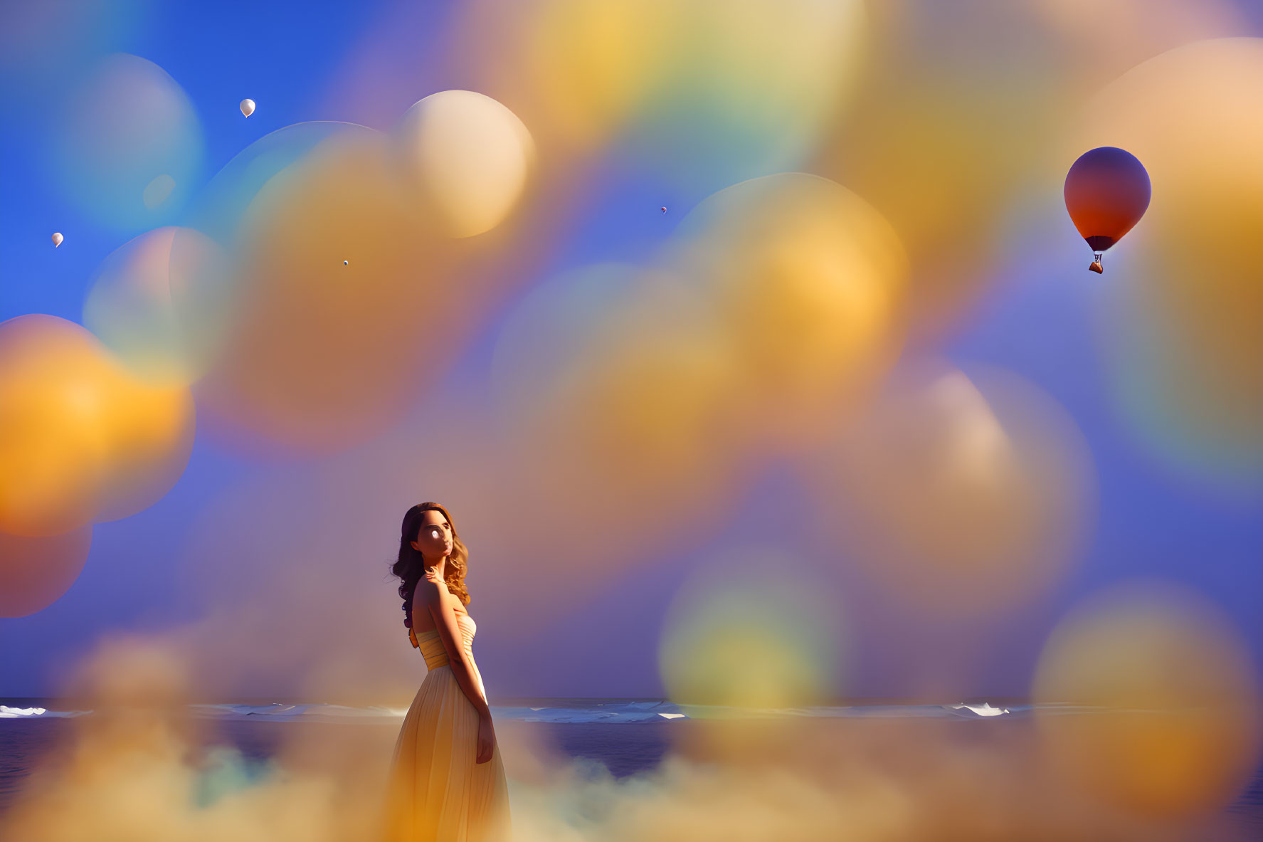 Woman in Yellow Dress Surrounded by Bubbles and Hot Air Balloons