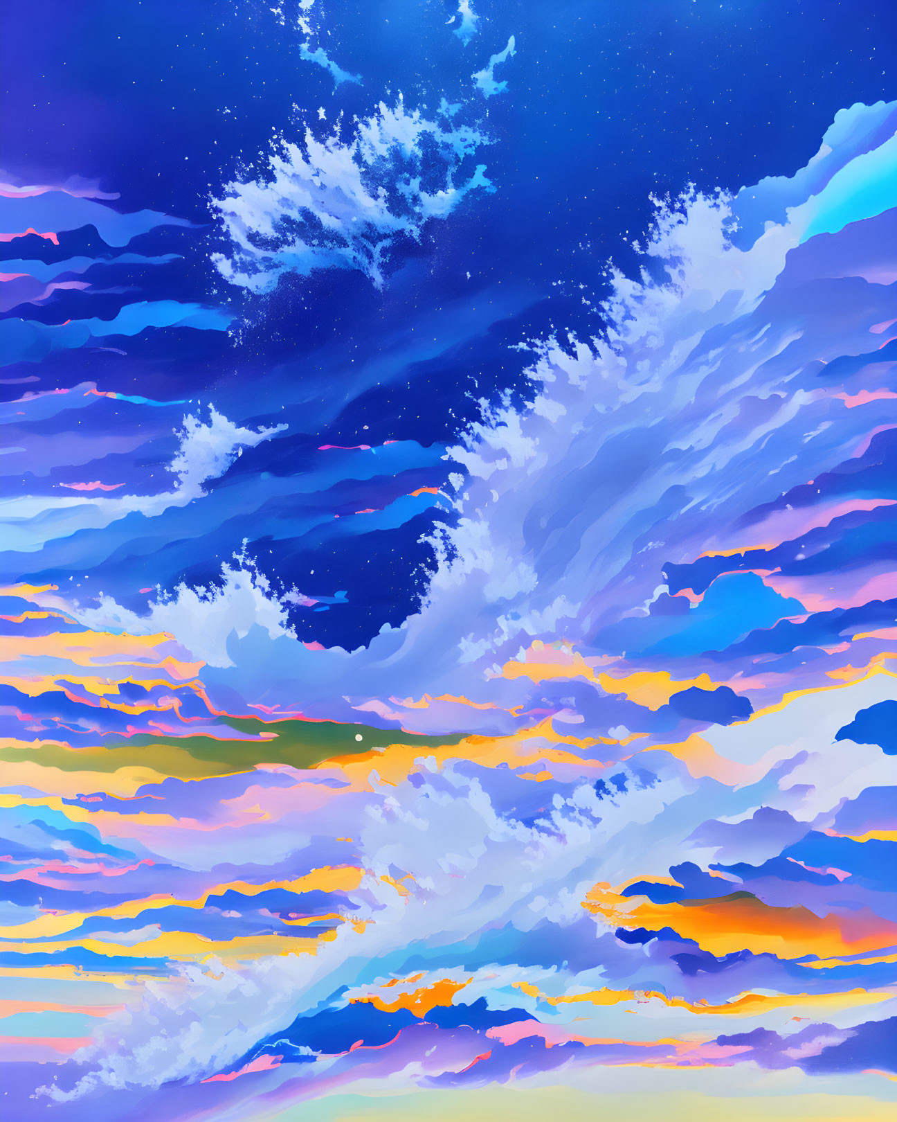 Colorful surreal sky with layered clouds in pink, blue, yellow, and purple against starry backdrop