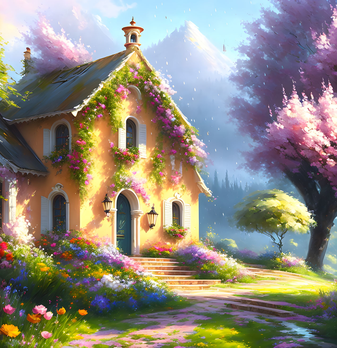 Cozy cottage with blooming garden and trees under soft sky