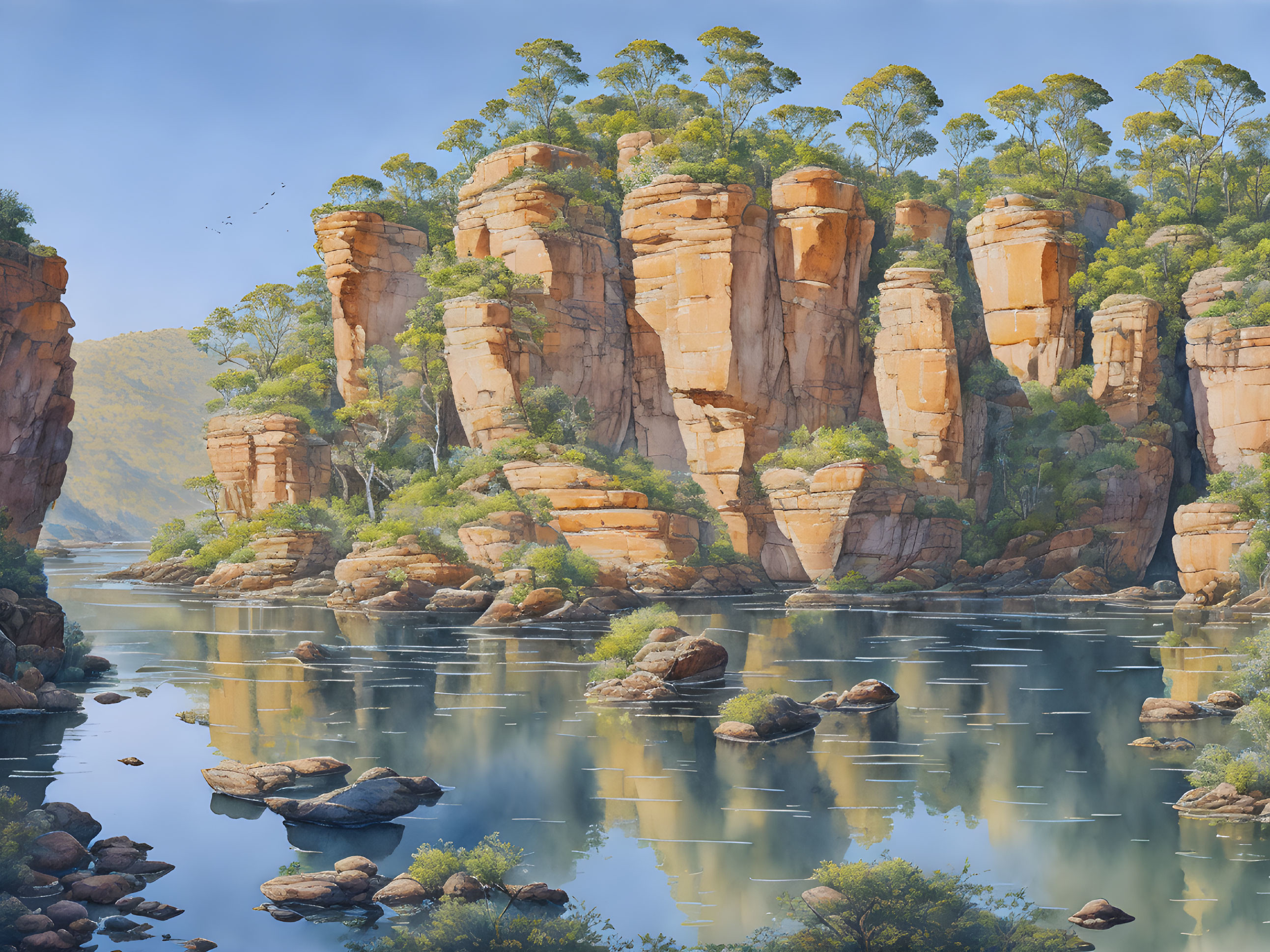 Sunlit Sandstone Cliffs Reflecting in Tranquil River