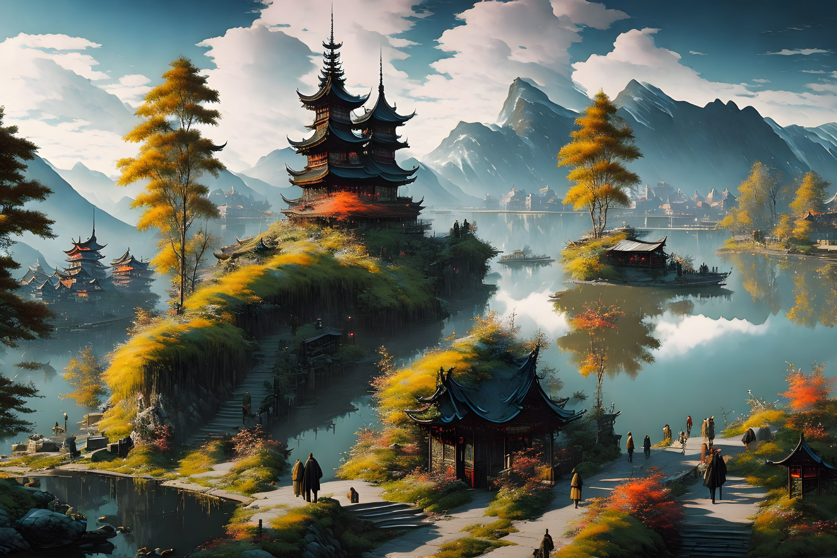 Asian Pagoda Surrounded by Autumn Foliage, Lake, and Mountains