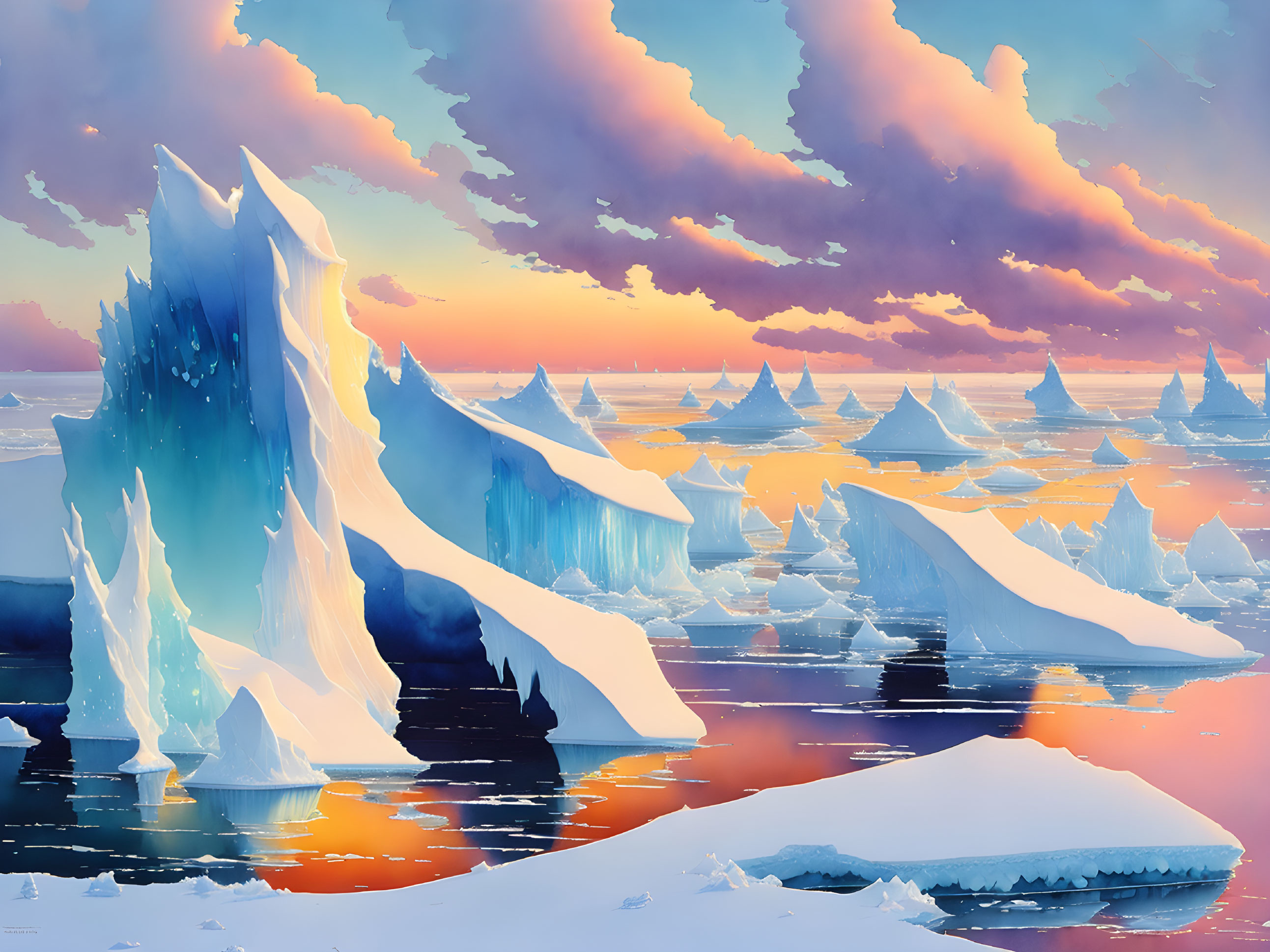 Vibrant Arctic Icebergs in Pastel Sunset Sky