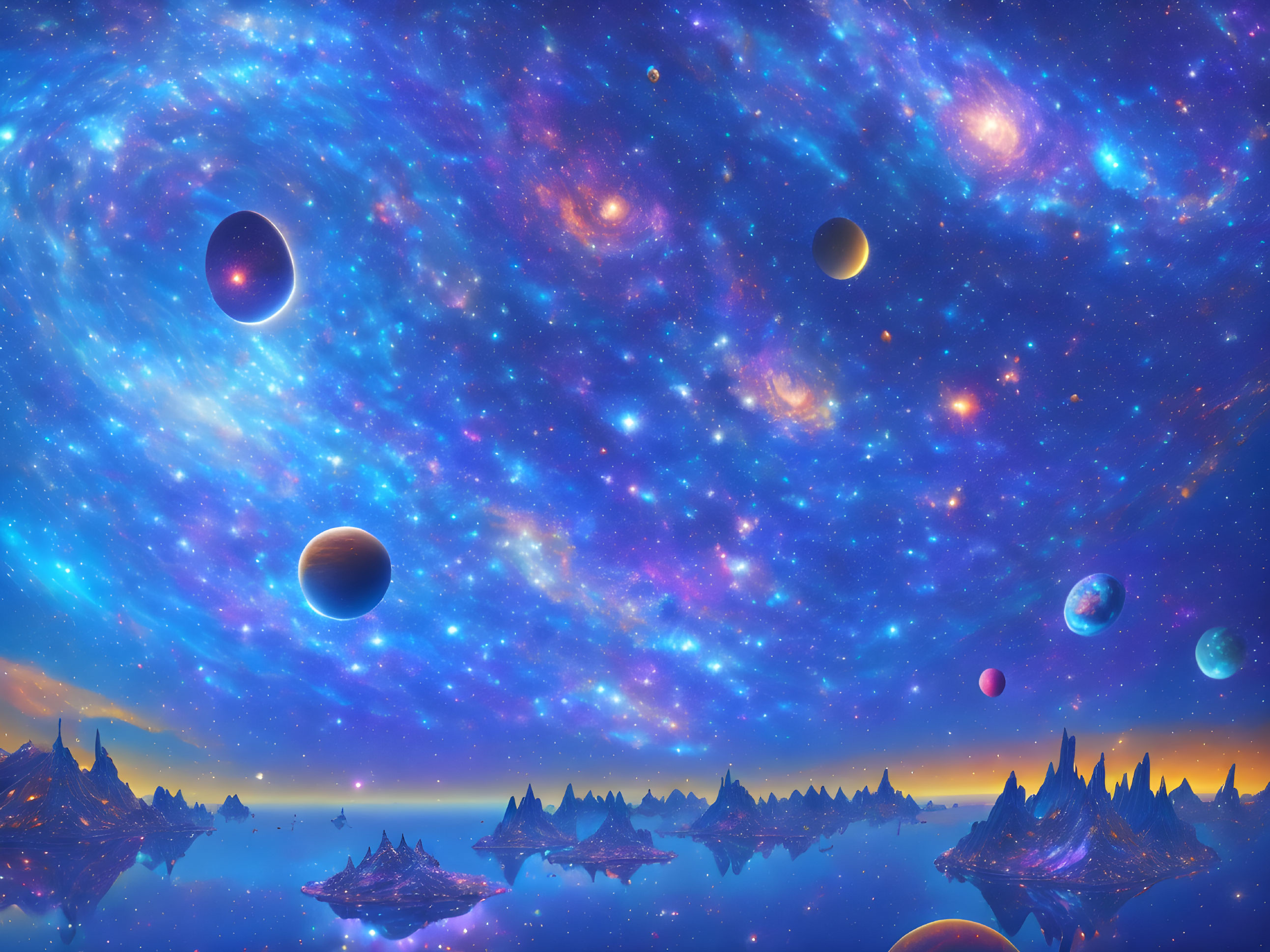 Colorful cosmic landscape with planets, nebulas, and stars above rocky terrain