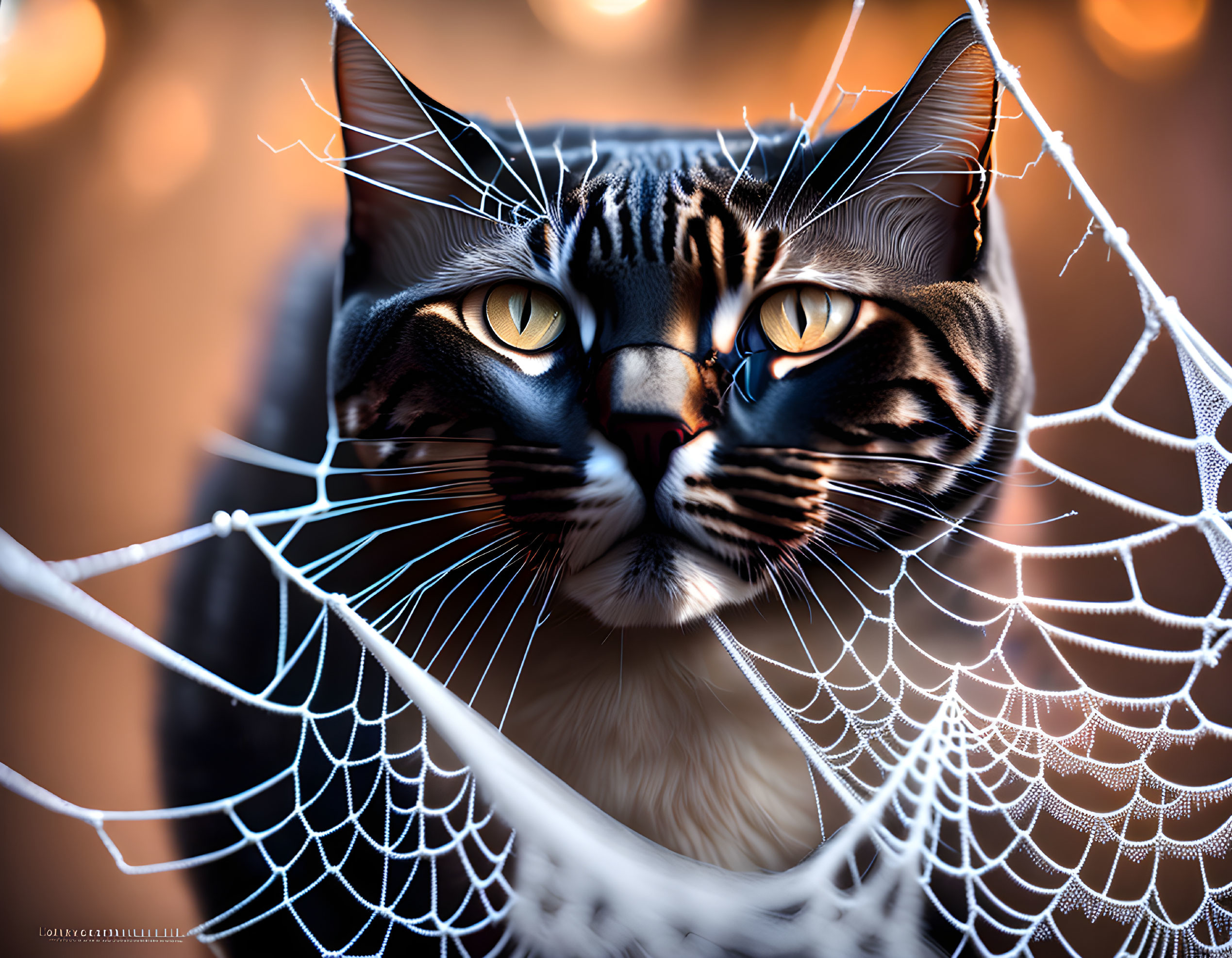 Tabby Cat with Yellow Eyes Peering Through Spider Web