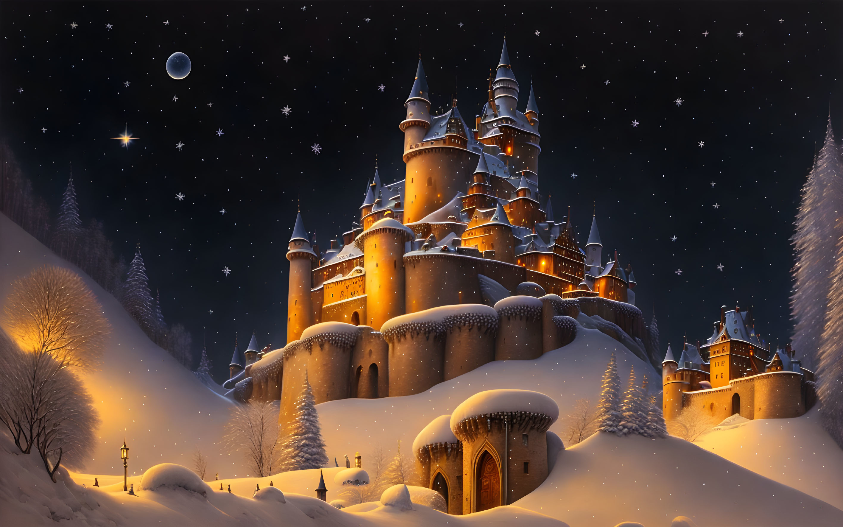 Snowy landscape: Enchanting castle under crescent moon