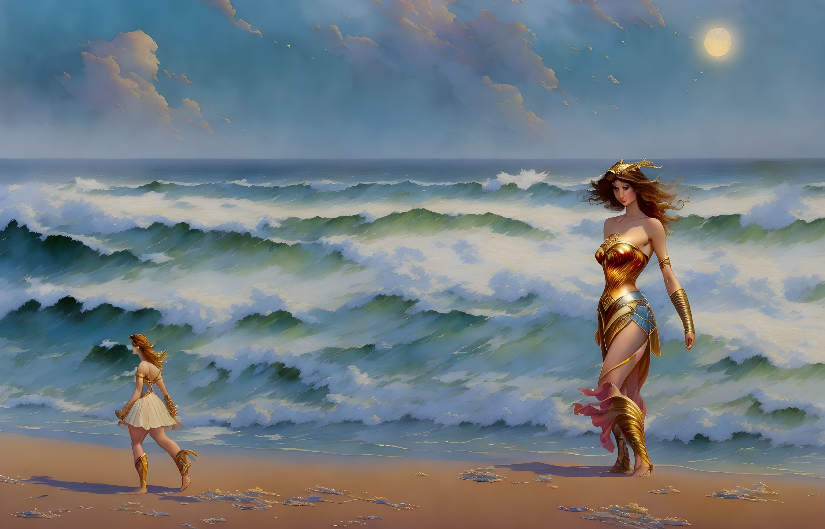 Stylized image of two female warriors on beach with crashing waves and cloudy sky