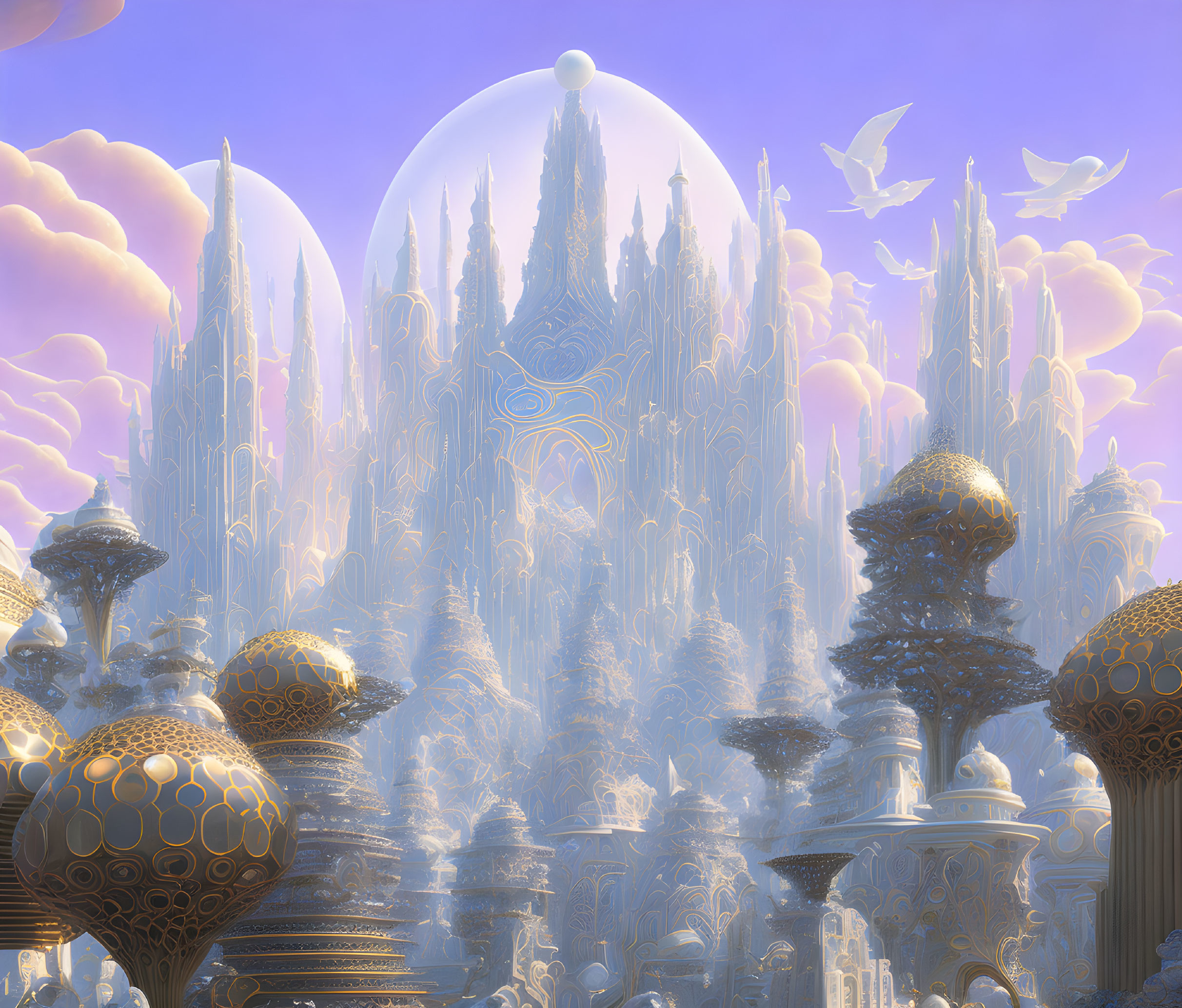 Fantastical cityscape with golden spires and spherical structures under pastel sky