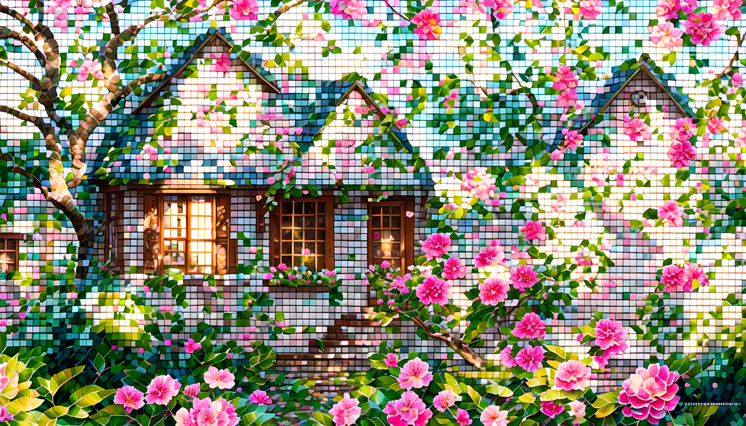 Quaint house with mosaic-style roofing and vibrant surroundings