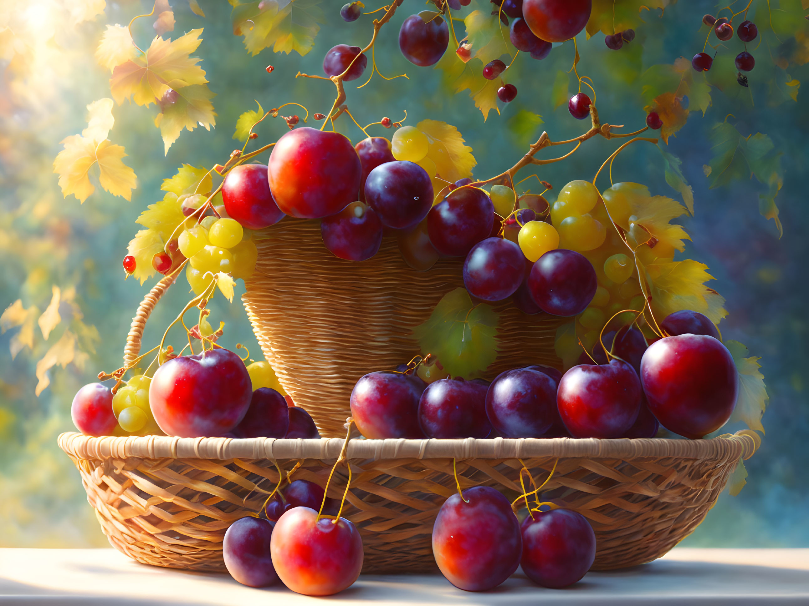 Ripe red and purple plums with golden grapes in wicker basket.