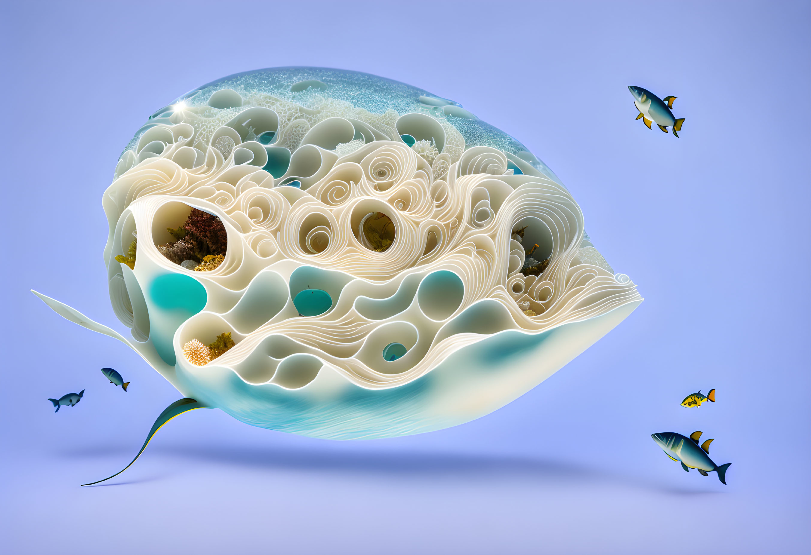 Surreal layered organic structure with fish in blue background