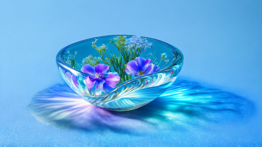 Transparent Bowl with Submerged Flowers Reflecting Colorful Light on Blue Surface