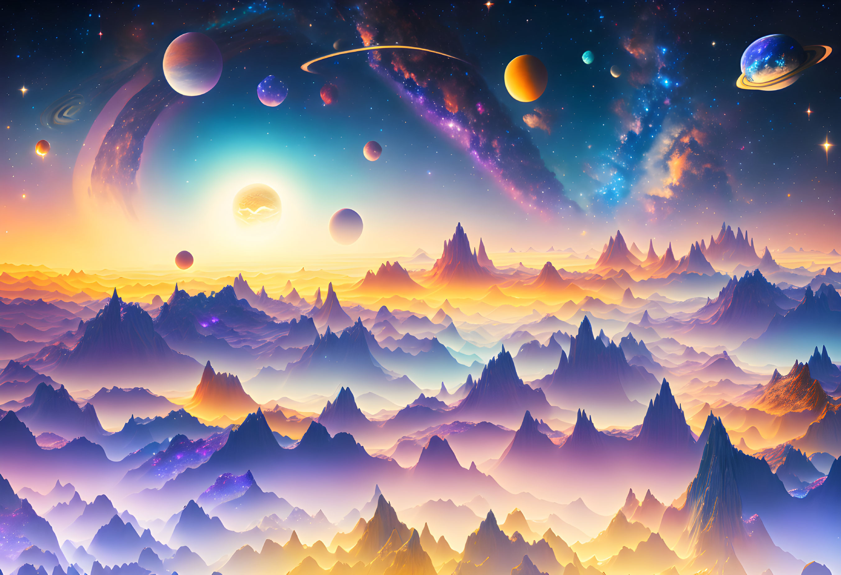 Colorful Alien Landscape with Vibrant Mountains & Starry Sky