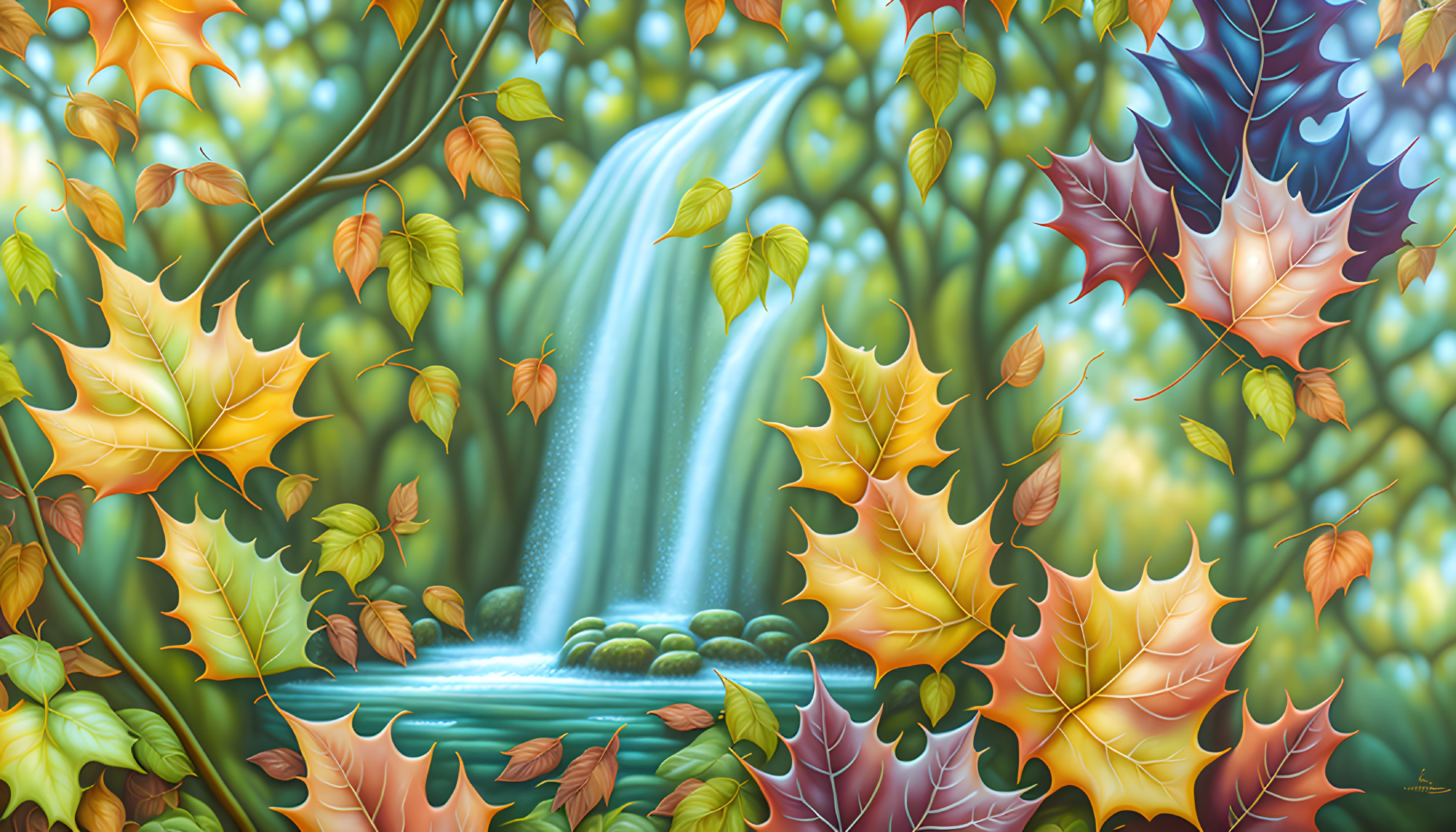 Tranquil Waterfall Scene with Autumn Leaves and Green Foliage