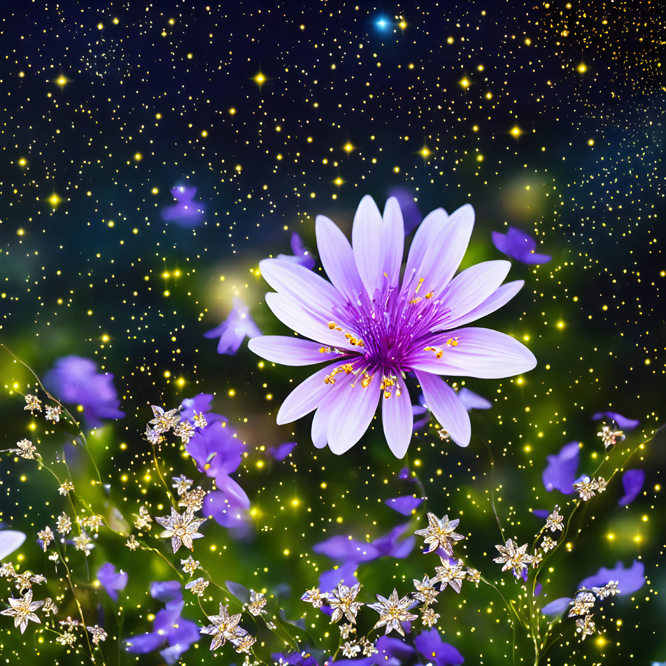 Vibrant purple cosmos flower in starry night scene