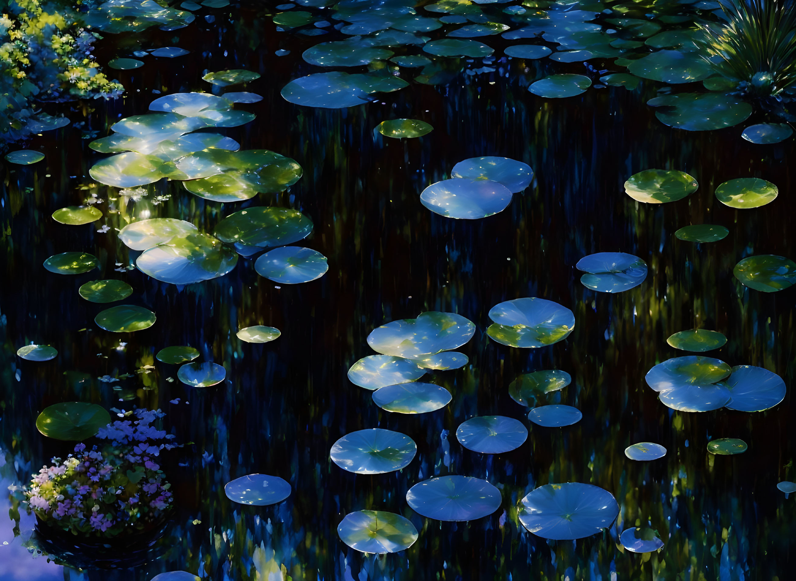 Tranquil pond with green lily pads and reflections of foliage