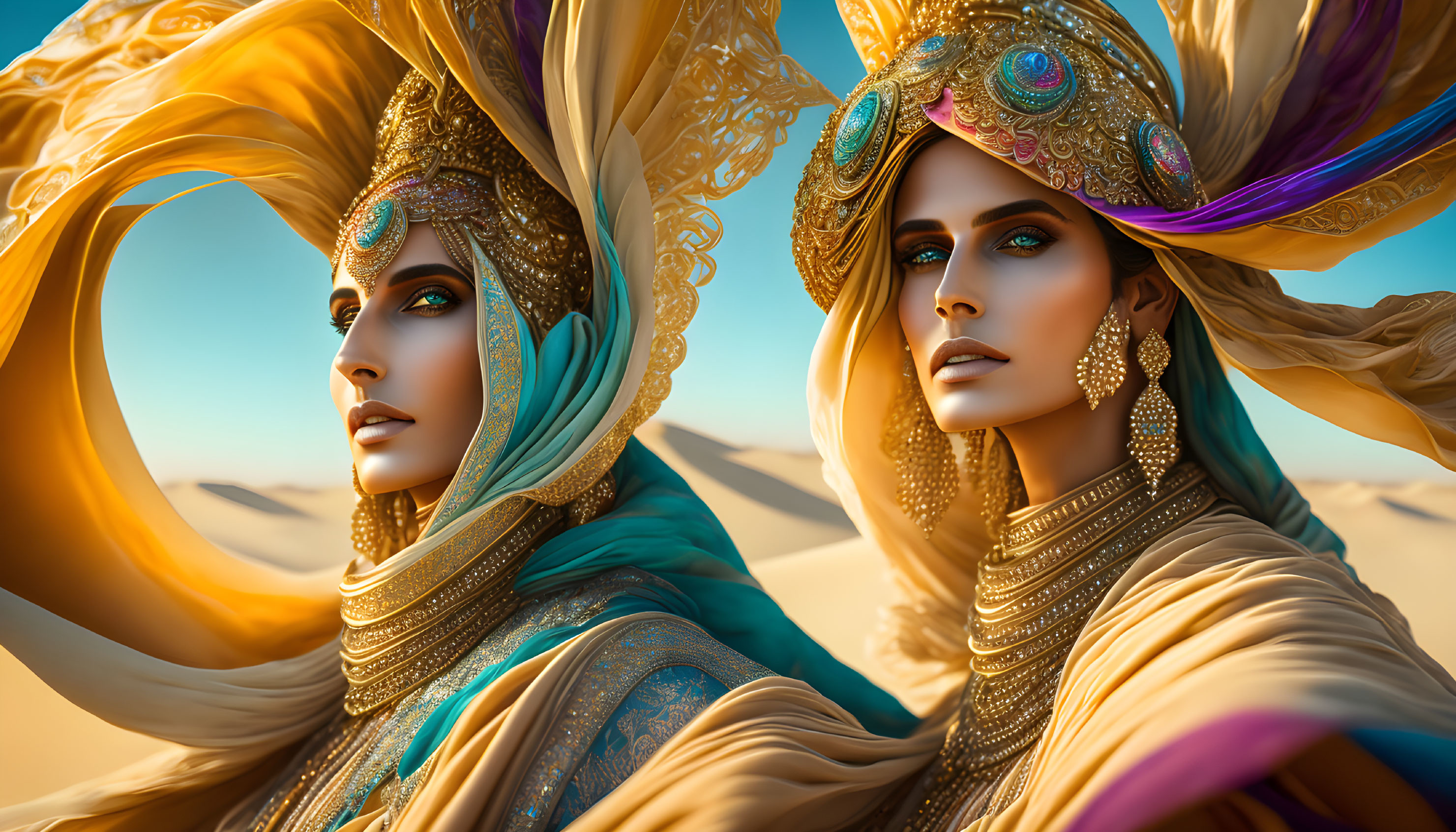 Two women in golden headpieces and desert attire on dune backdrop.