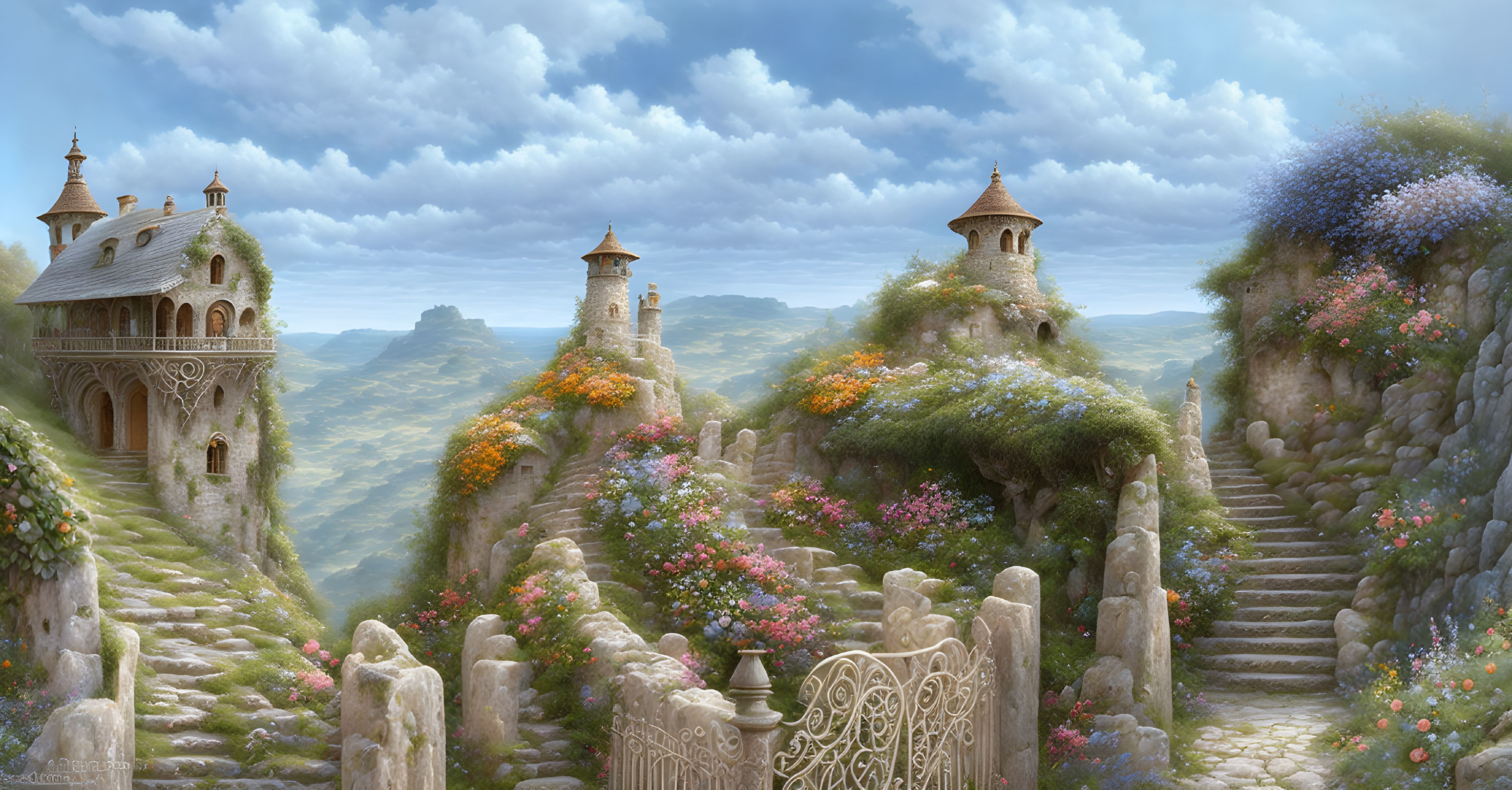 Ornate stone buildings in lush fantasy landscape