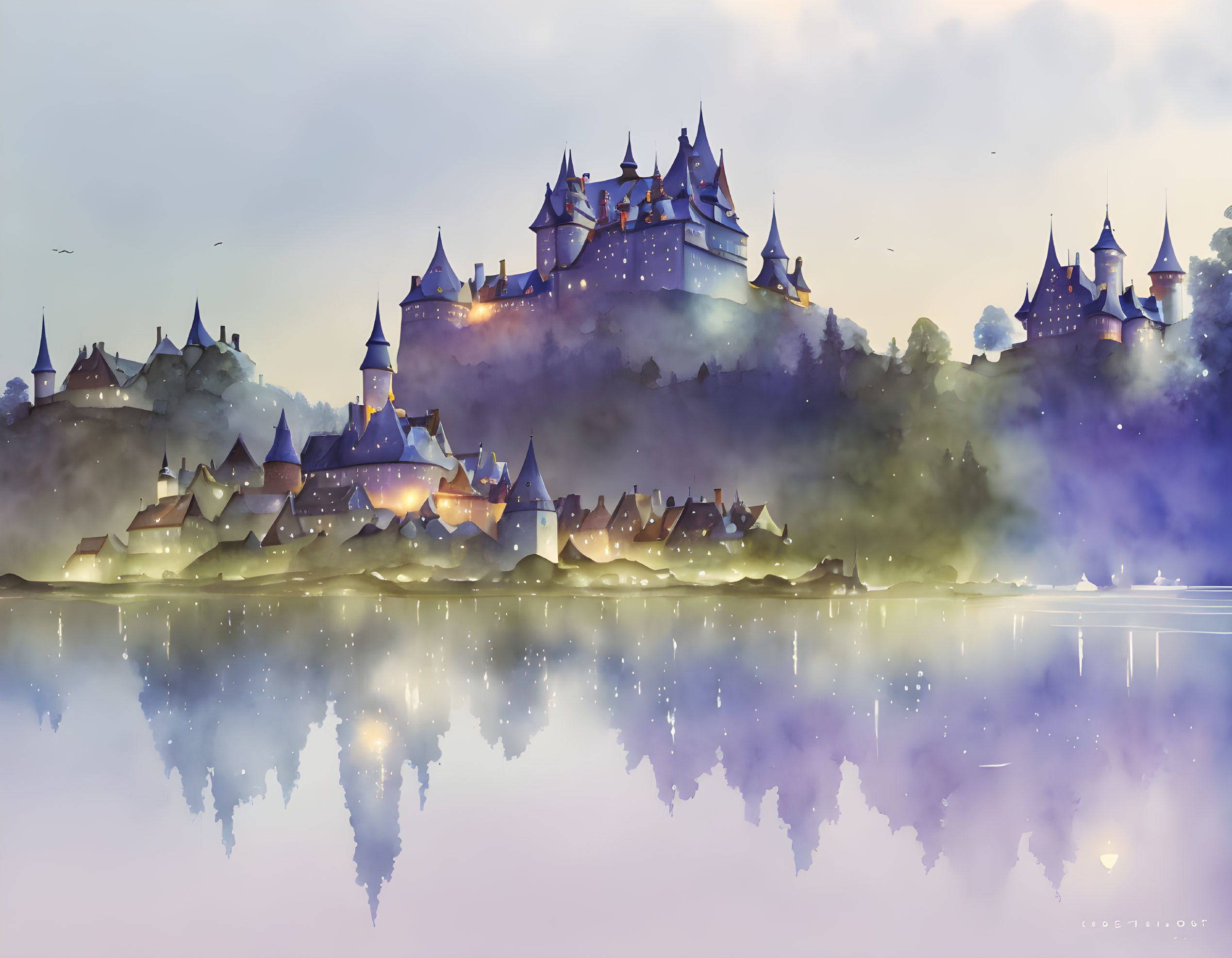 Majestic castle watercolor illustration at twilight