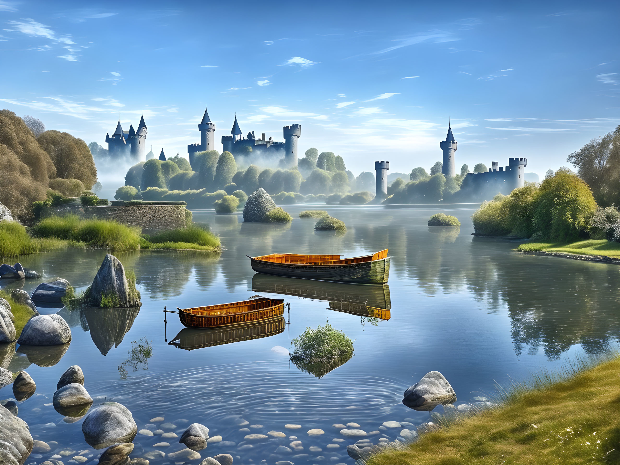 Tranquil lake scene with rowboats, misty castle, lush greenery