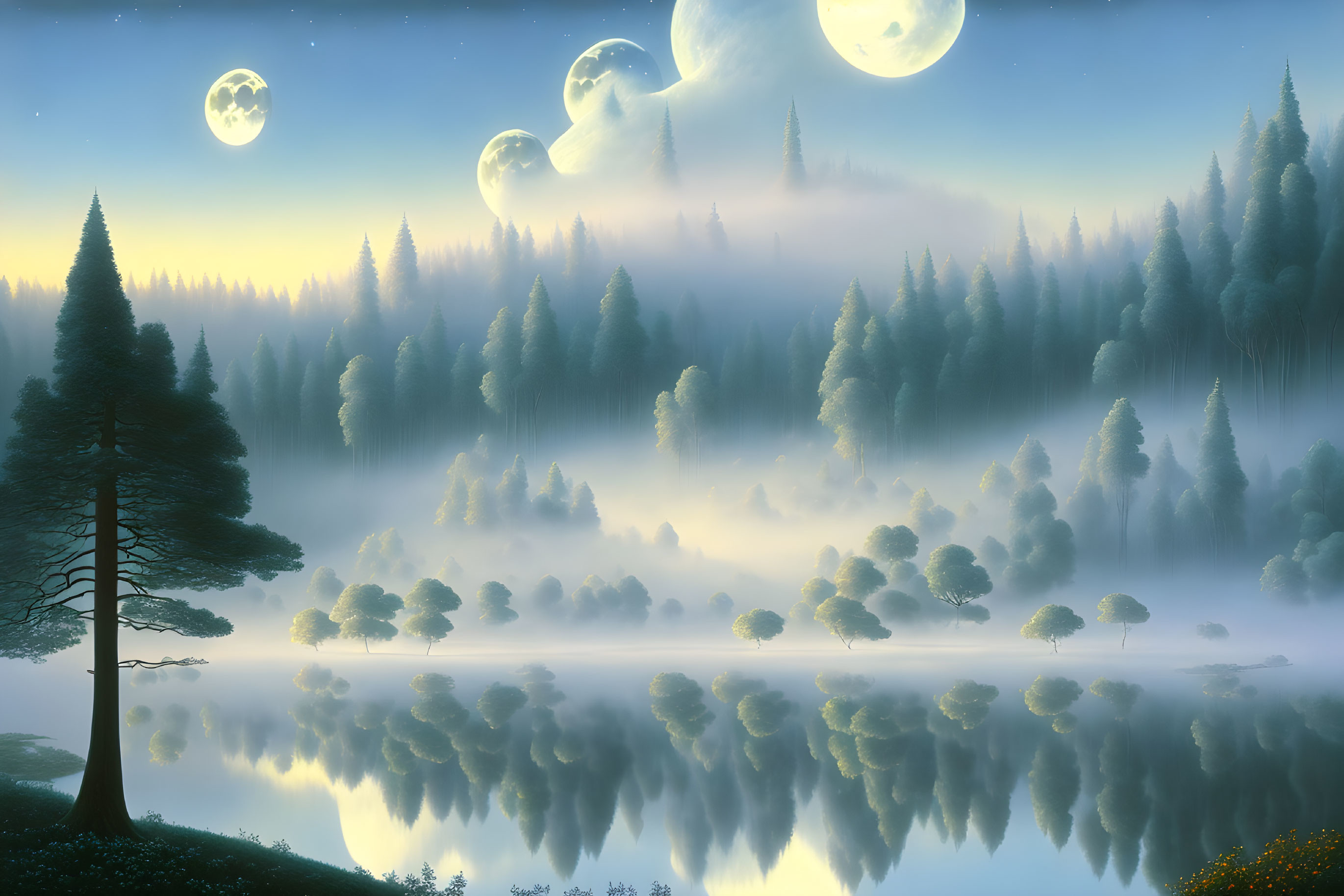 Misty forest reflected in lake under multiple moons