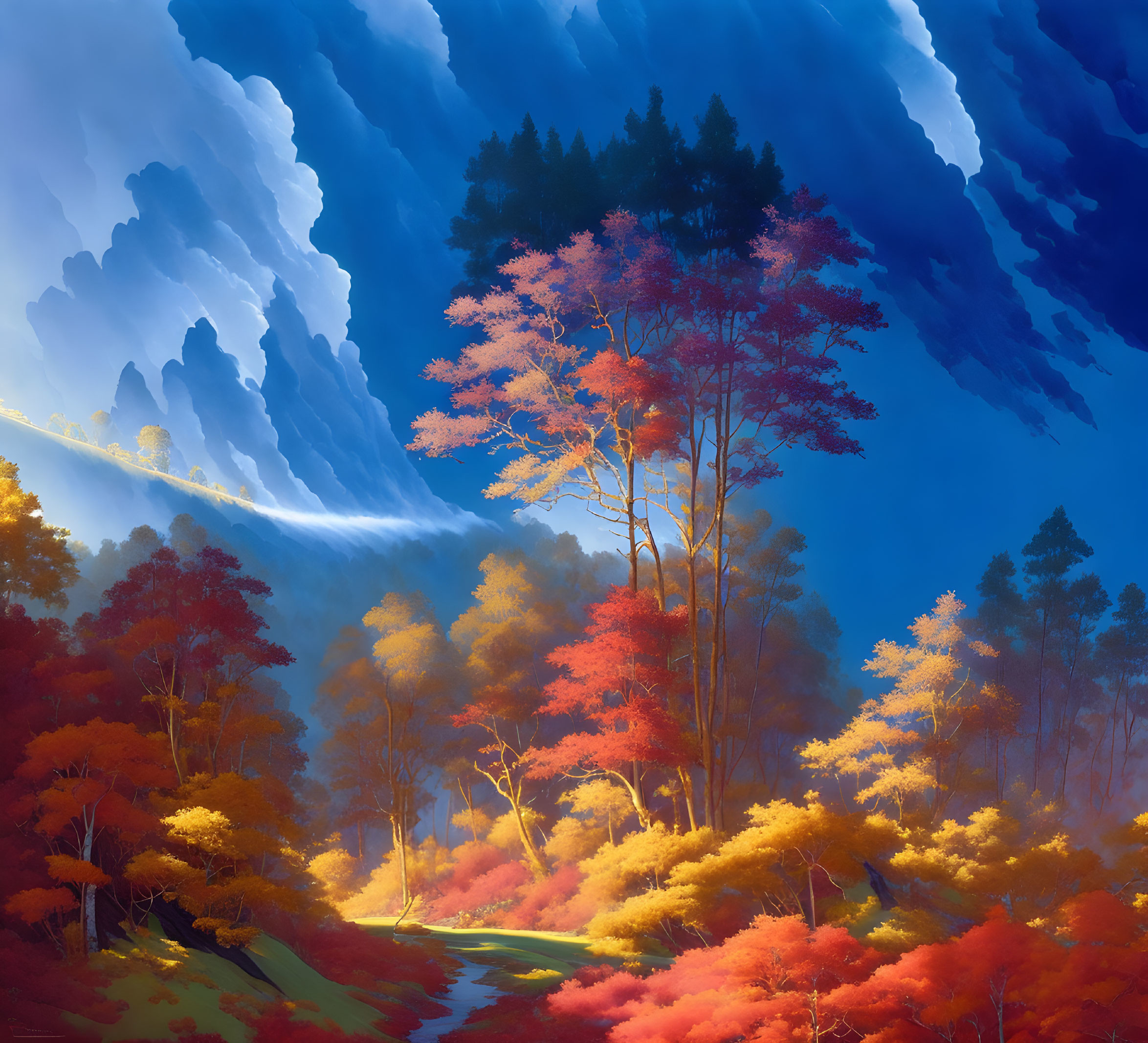 Colorful Autumn Forest with Red and Orange Trees under Blue Sky