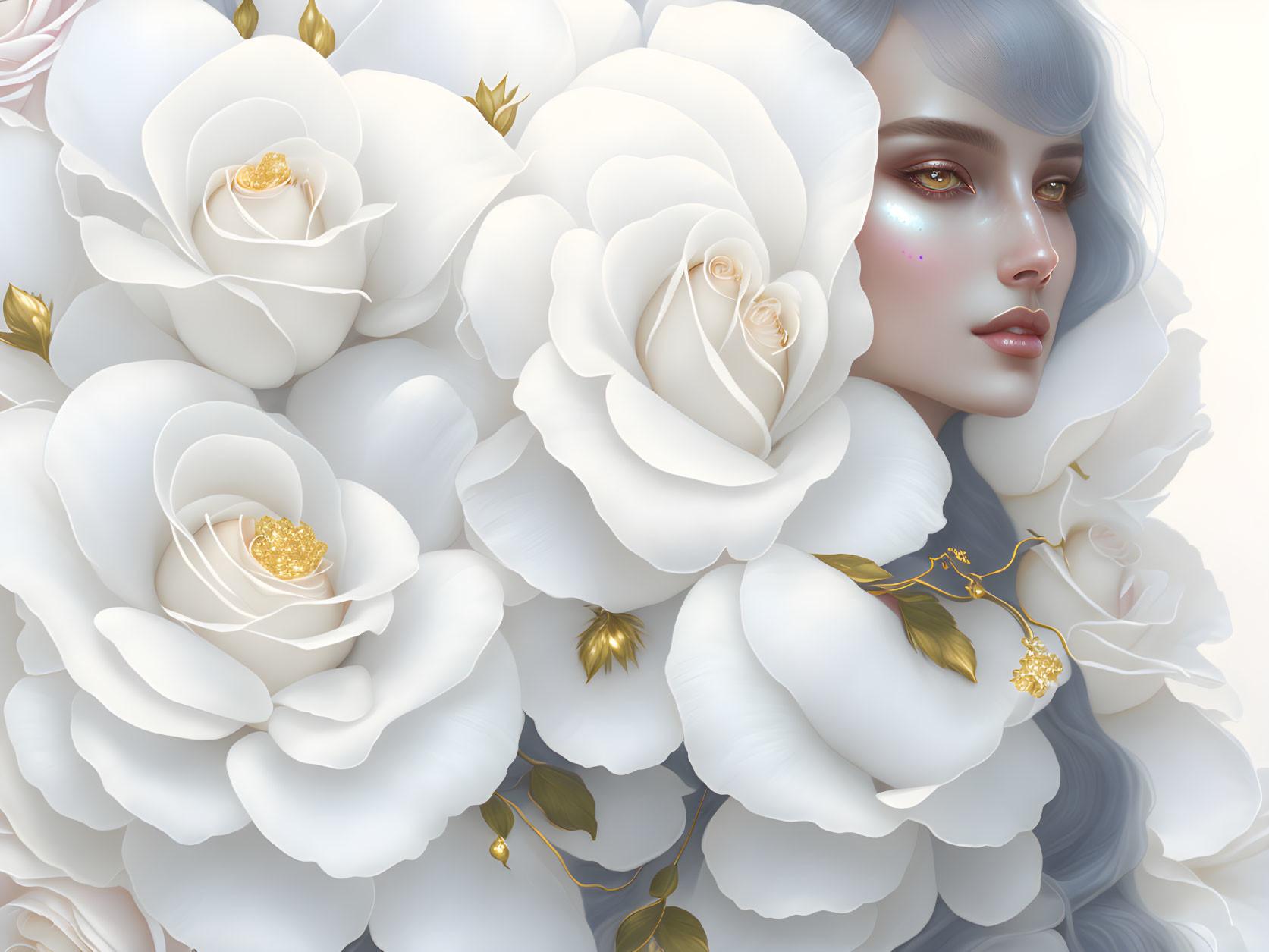 Illustration of woman's face with white roses and gold accents