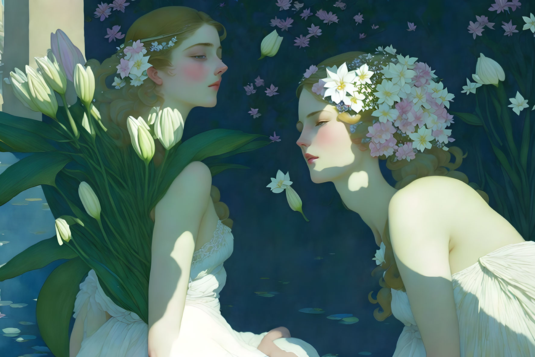 Two women with flowers in serene blue botanical setting