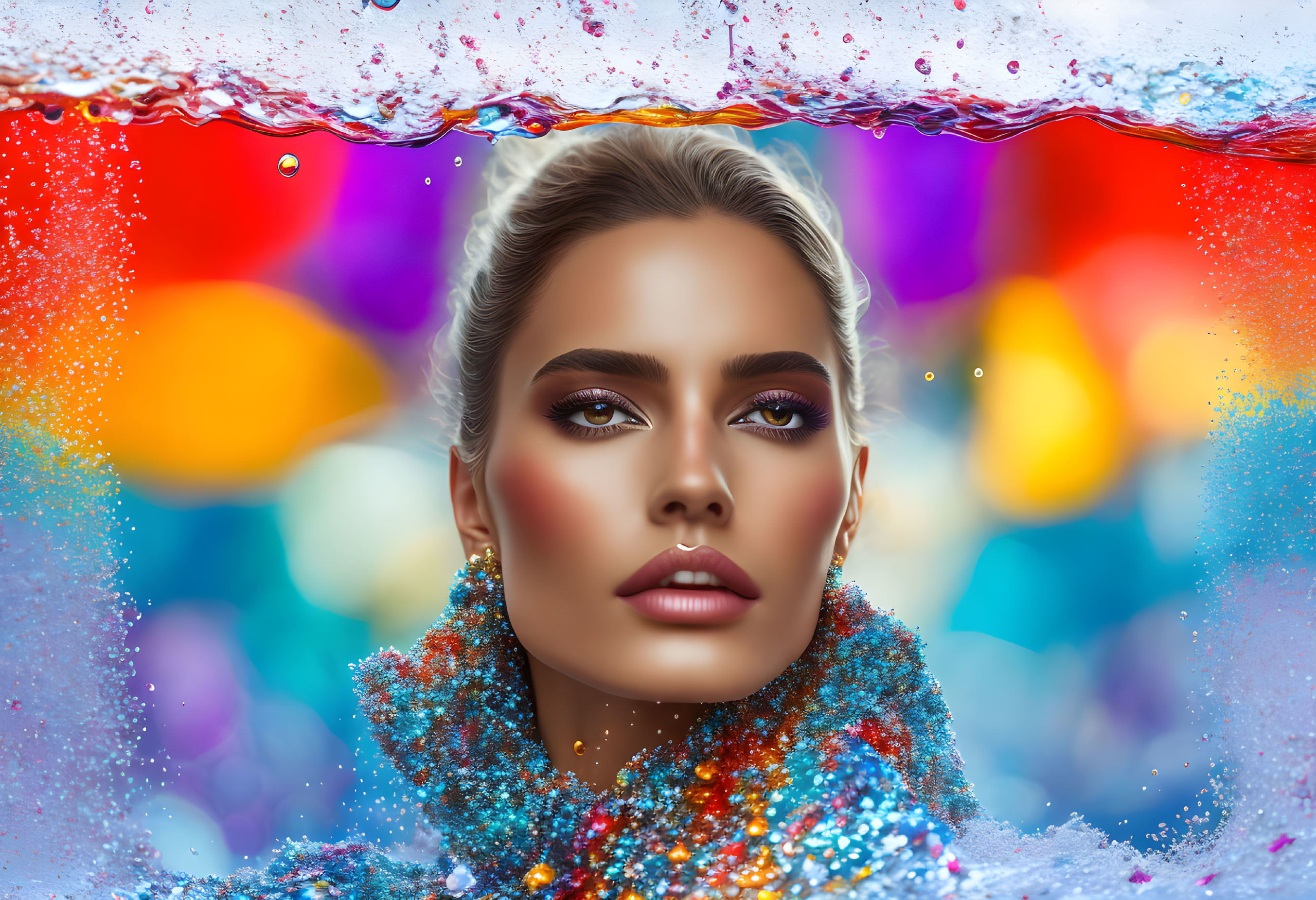 Colorful Bokeh Background with Vibrant Makeup Portrait