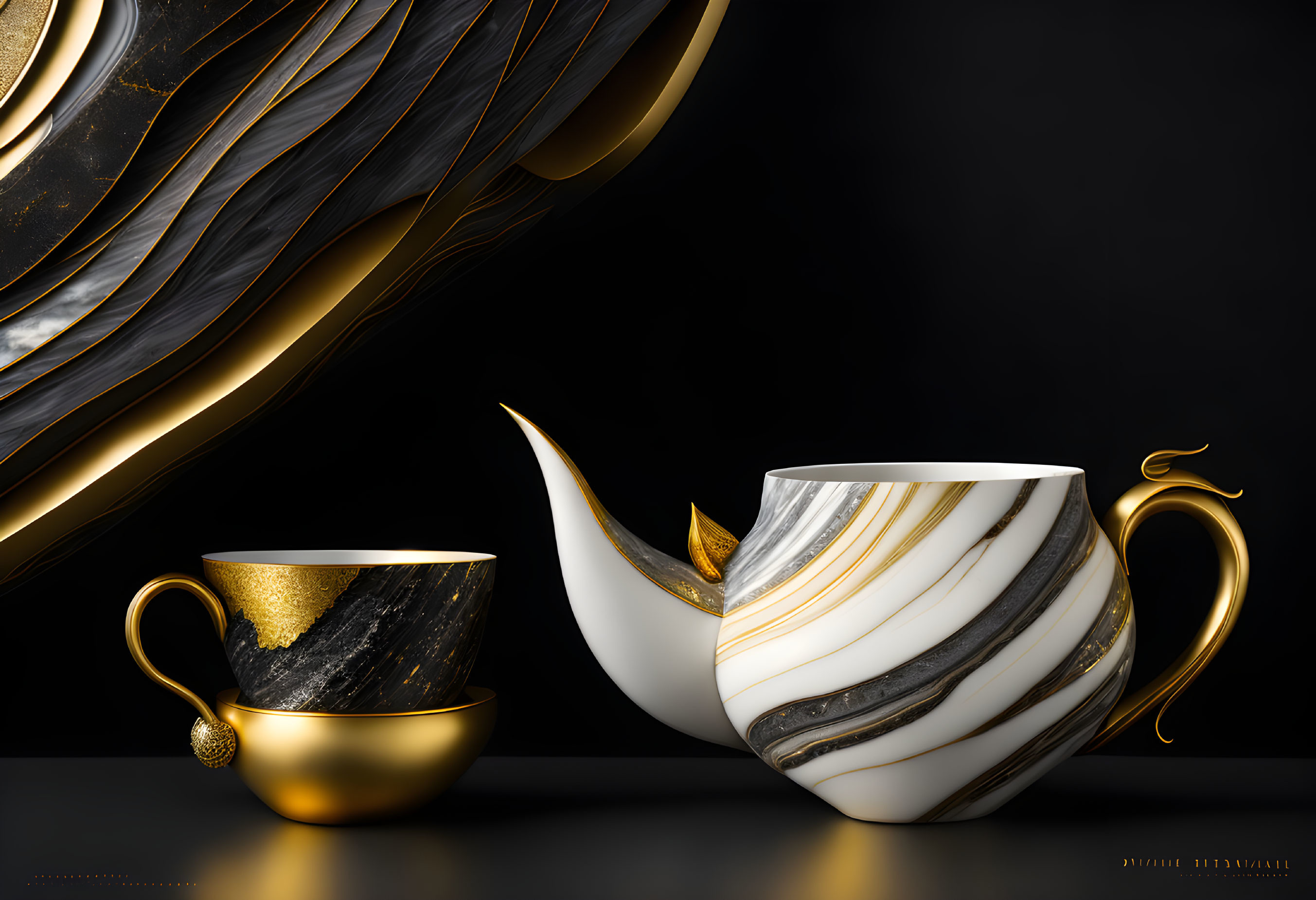 Black and Gold Marble Teacup and Teapot Set with Golden Feather Design