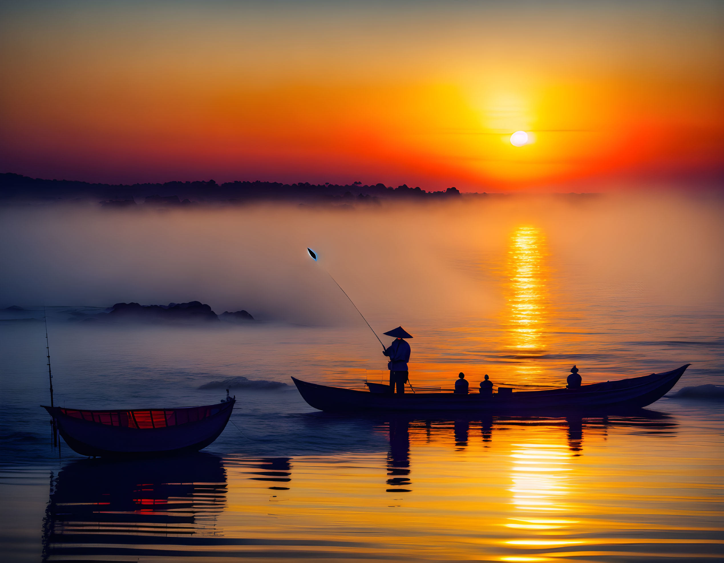 Misty river sunrise with boat silhouettes