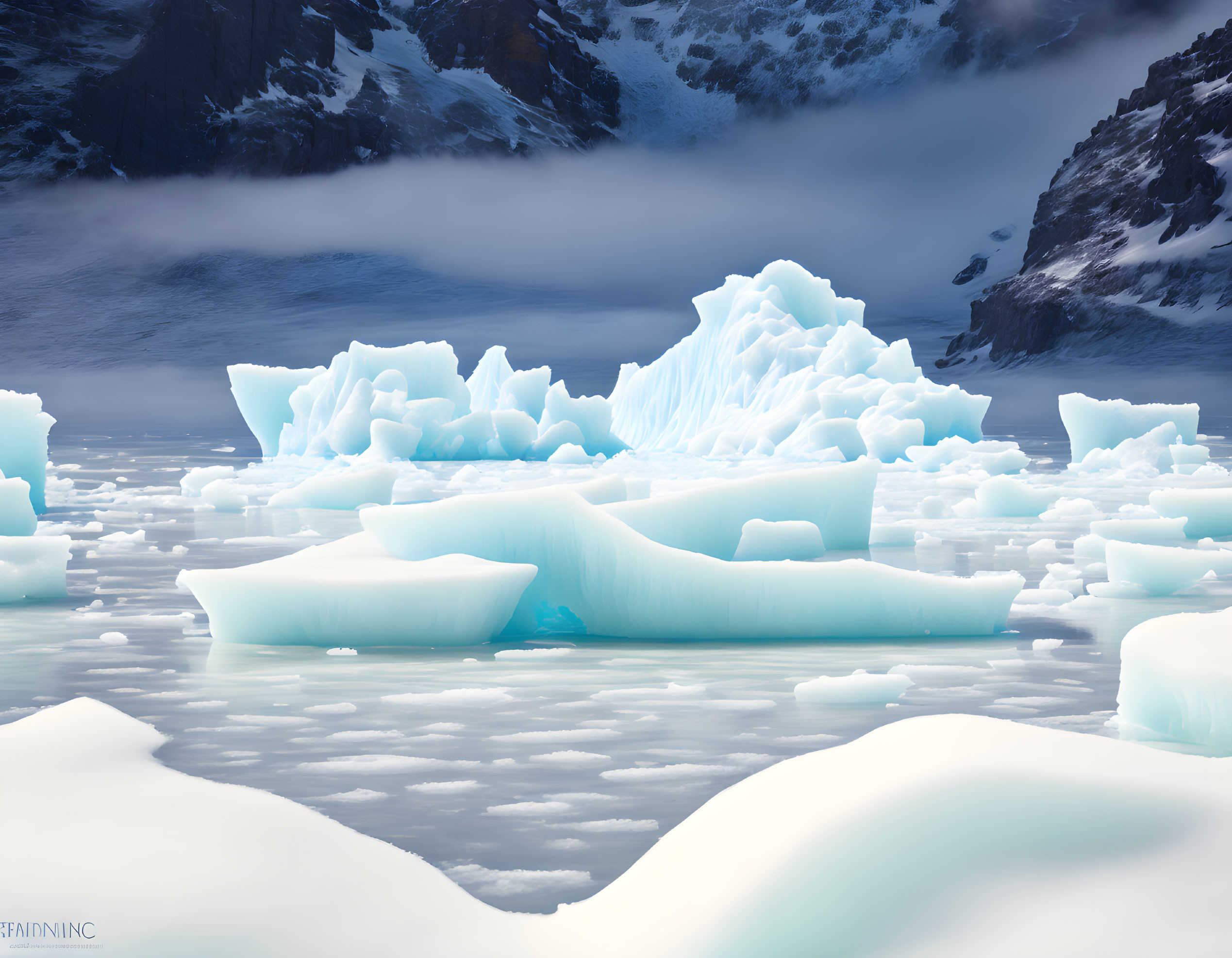 Translucent blue icebergs in serene Arctic landscape