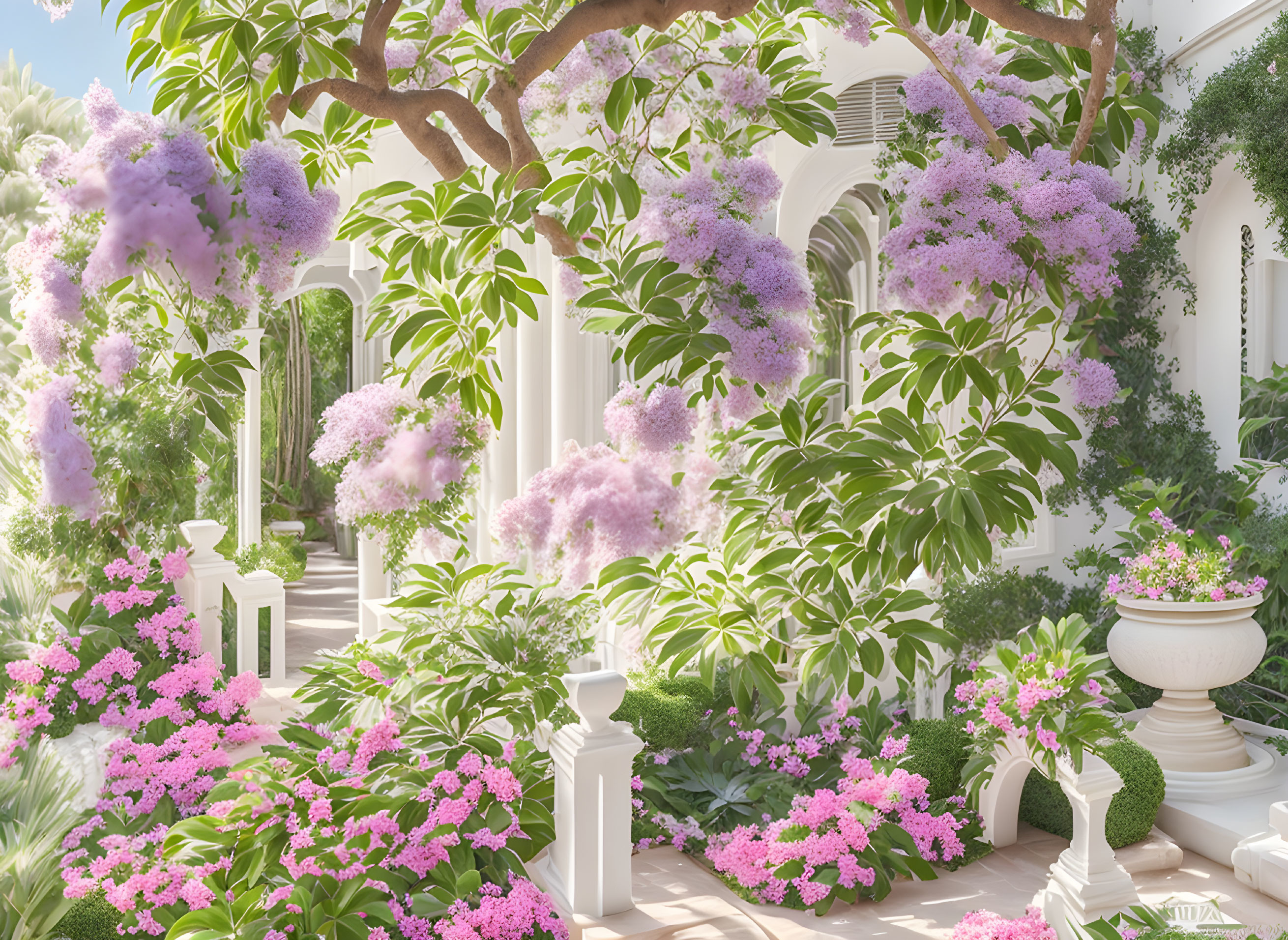 Tranquil garden with lush greenery, pink flowers, lilac trees, and white columns.