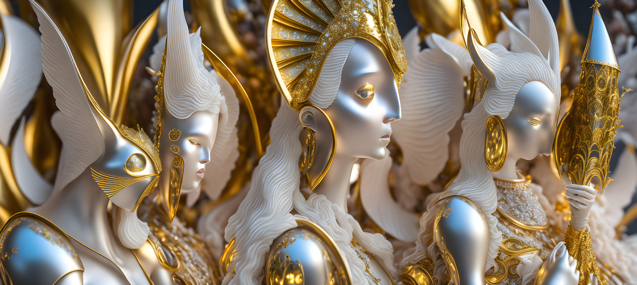 Three ornate humanoid figures in gold and white regalia with intricate designs and serene expressions