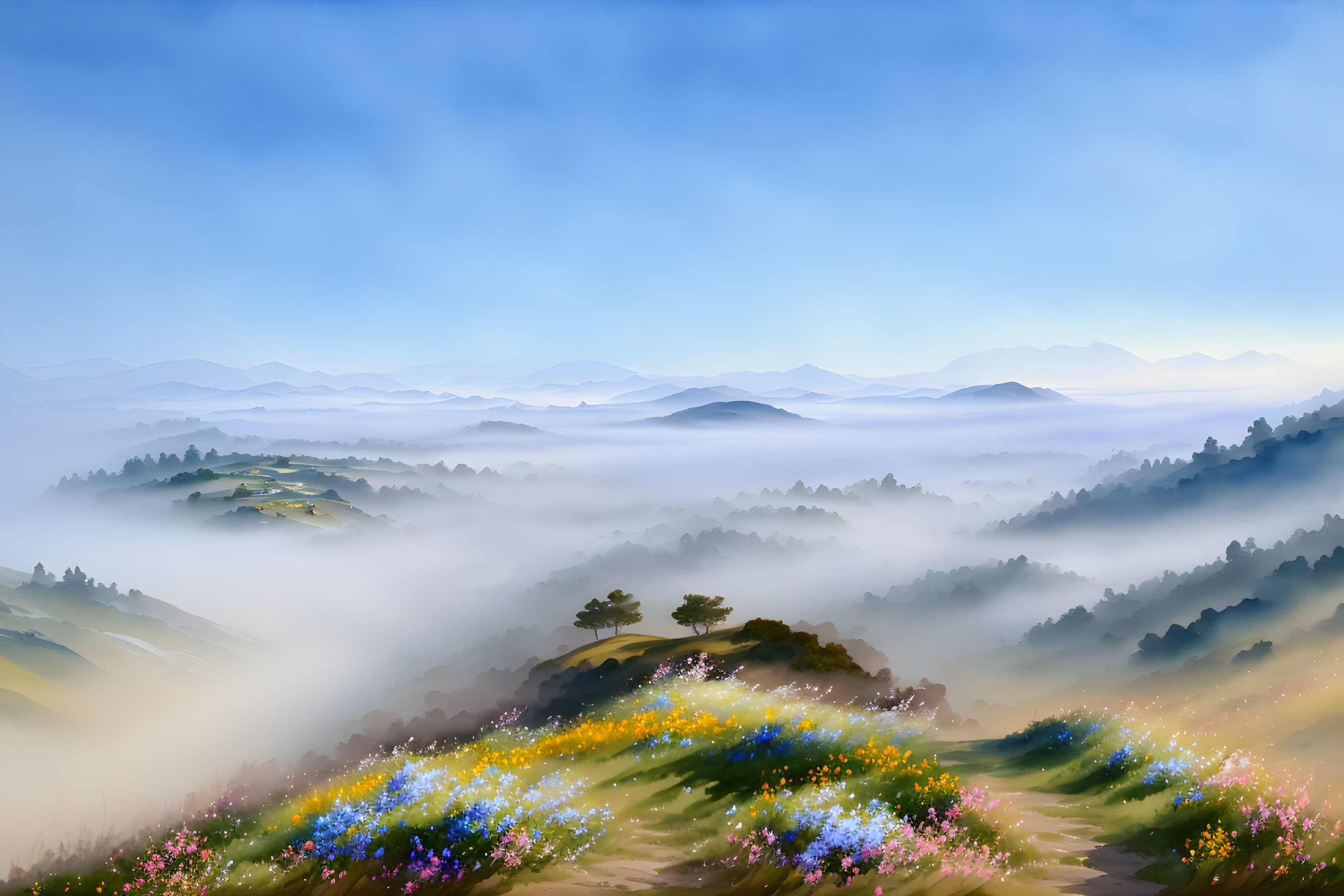 Tranquil landscape: misty hills, blue sky, wildflowers