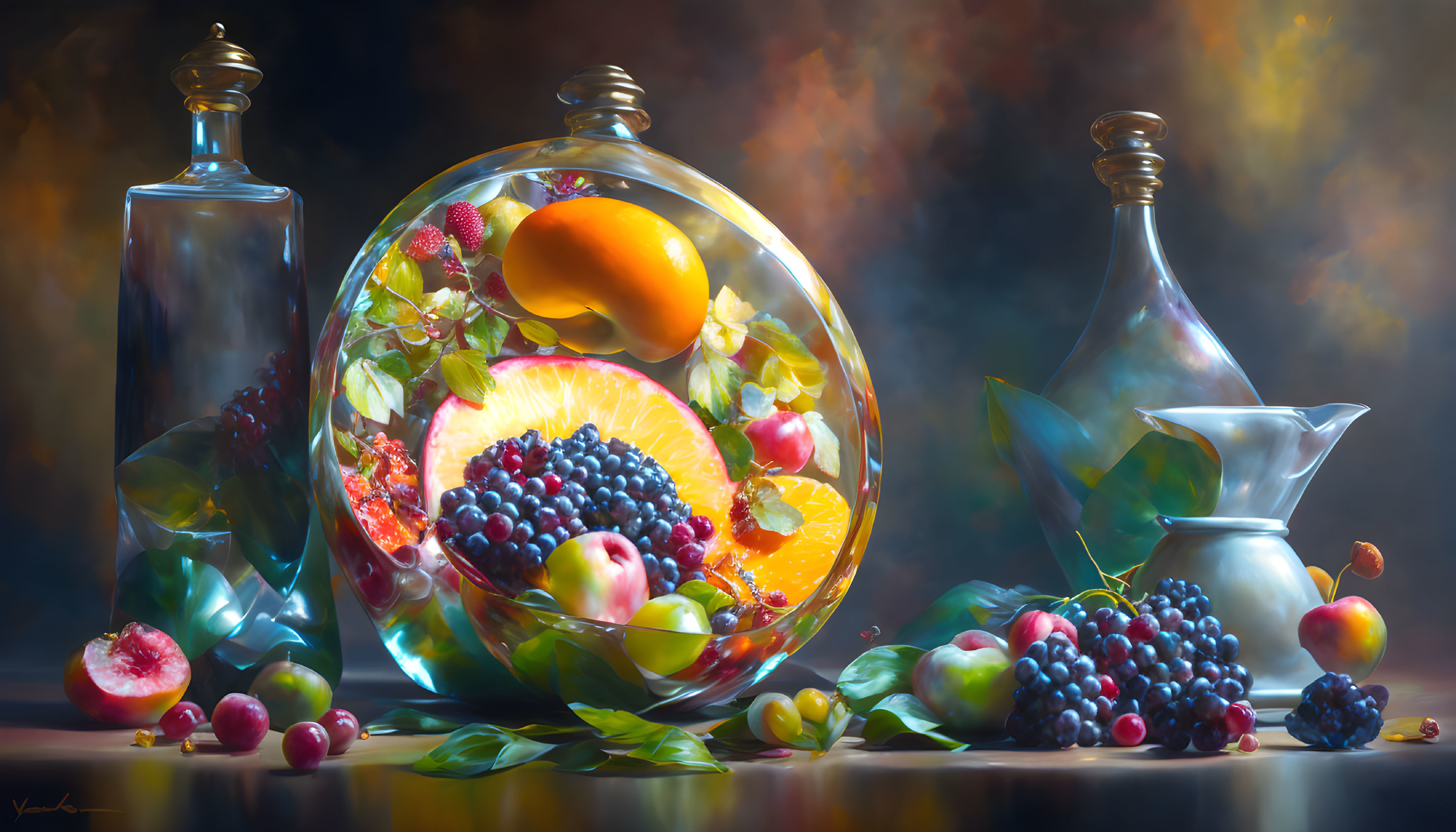 Colorful still life painting with glass bowl, bottles, and assorted fruits on smoky backdrop