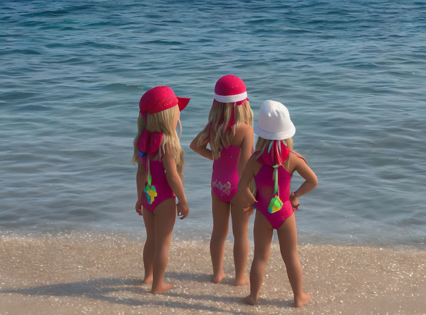 Three girls in colorful swimsuits and sunhats by the shore.