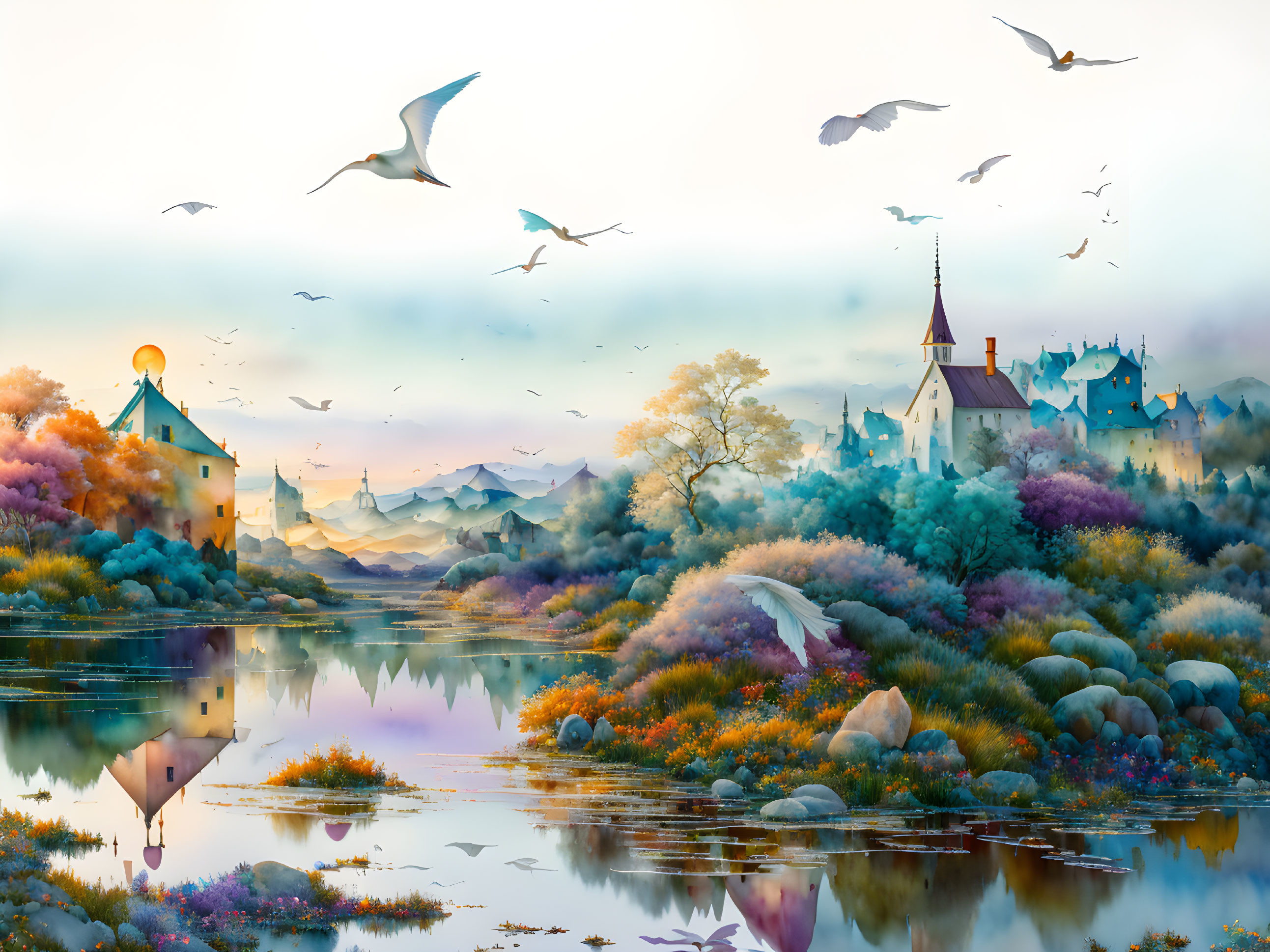 Tranquil fantasy landscape with village, castle, church, and lake