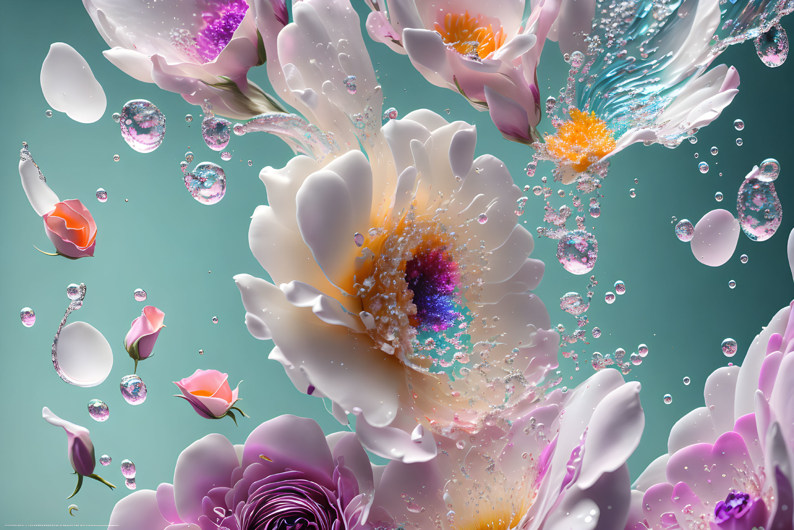 Colorful flowers and petals with water droplets on teal background.