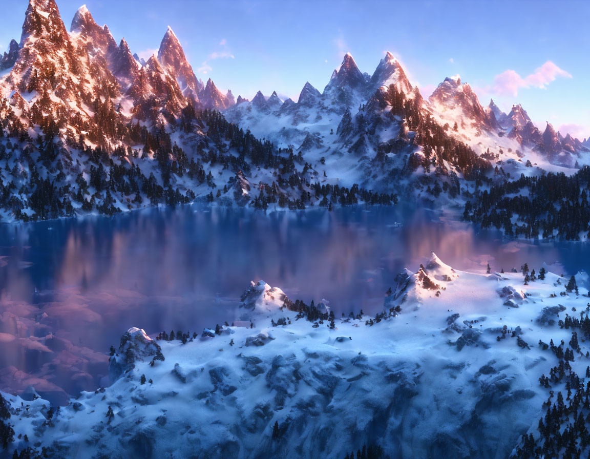 Snow-covered peaks of a mountain range reflected in a serene lake at twilight