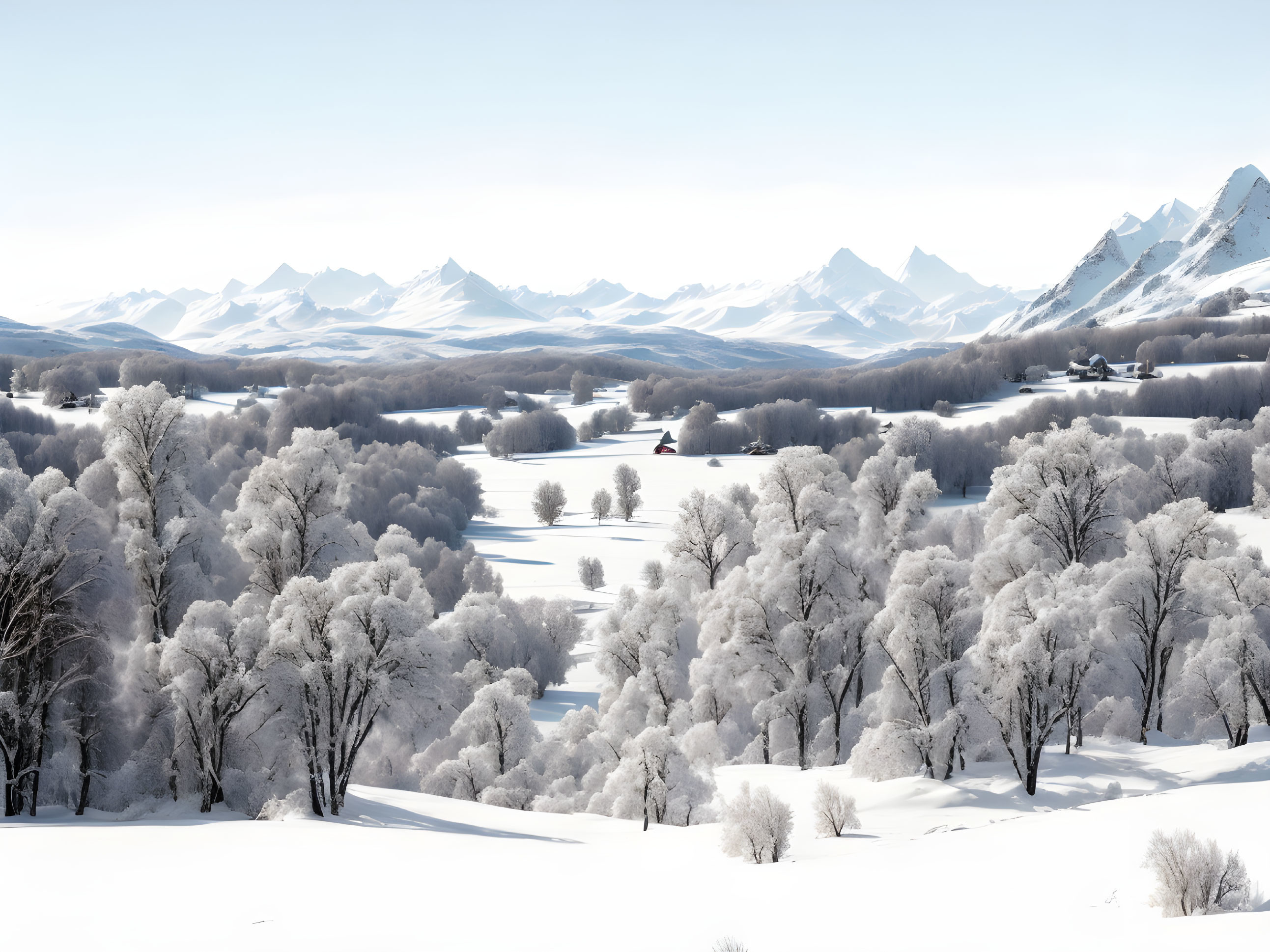 Winter scene: snowy landscape, frosted trees, cabin, distant mountains.