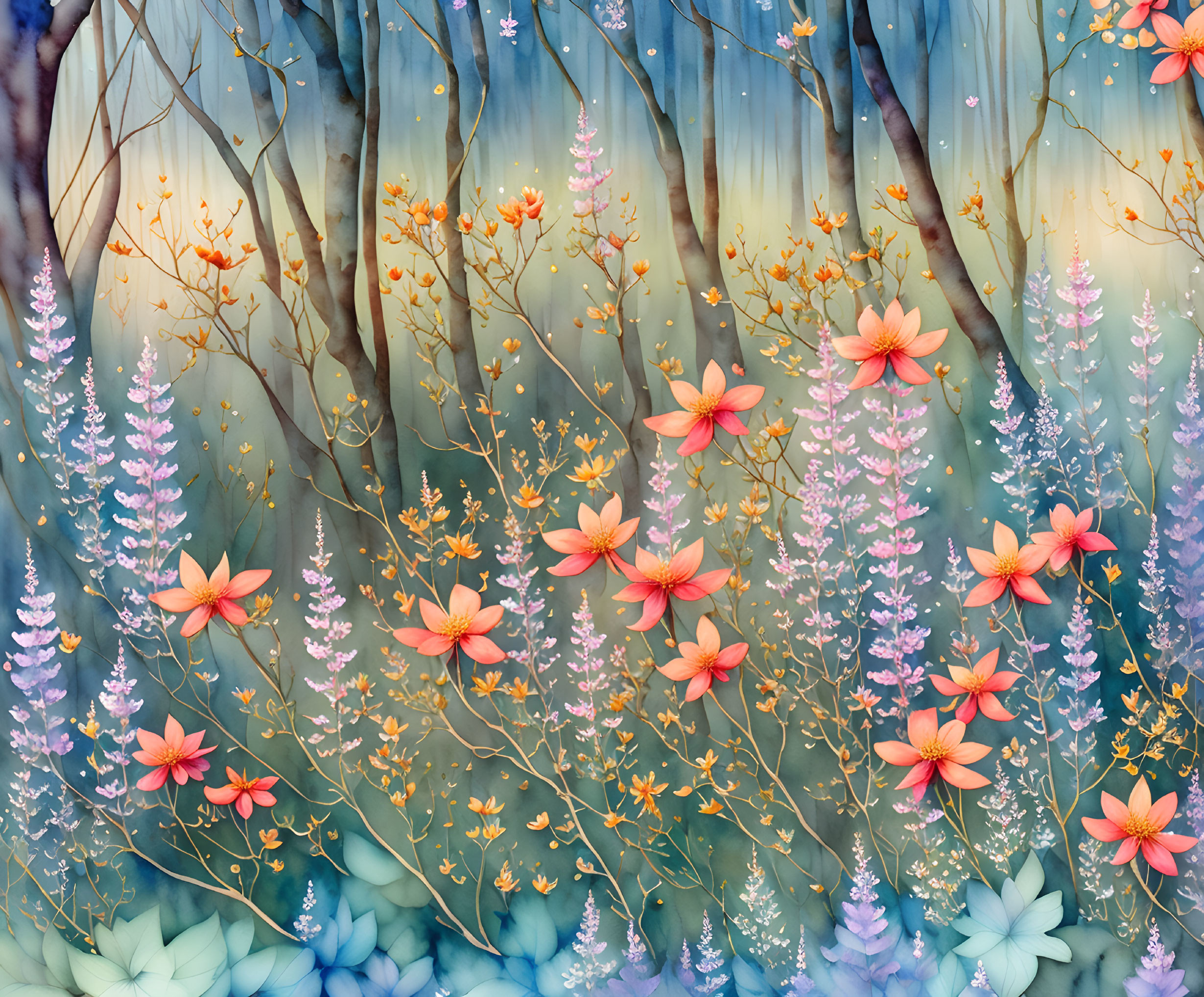 Colorful Forest Illustration with Vibrant Flowers and Misty Background