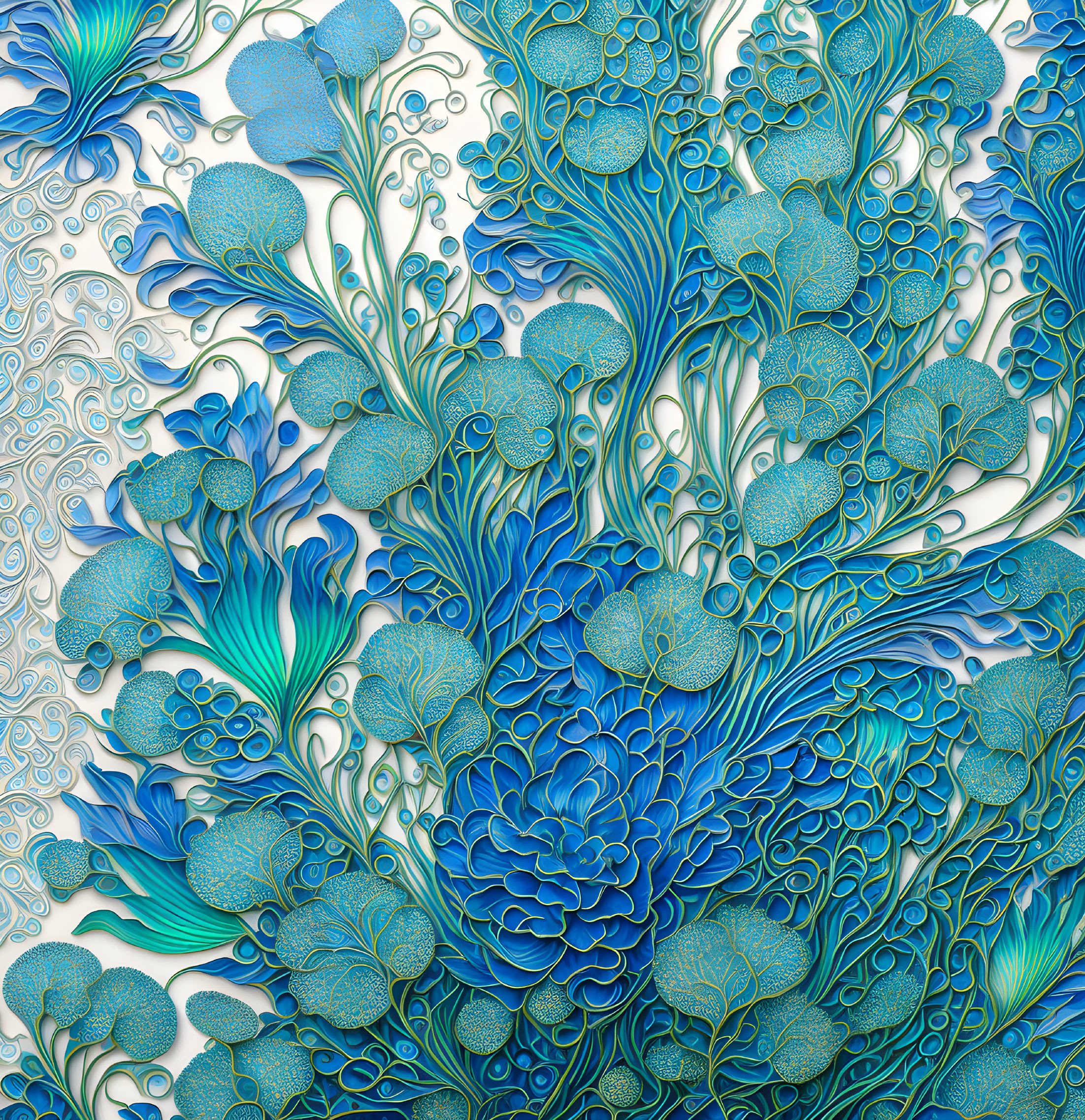 Blue and Green Floral Pattern with Swirling Lines and Textured Details